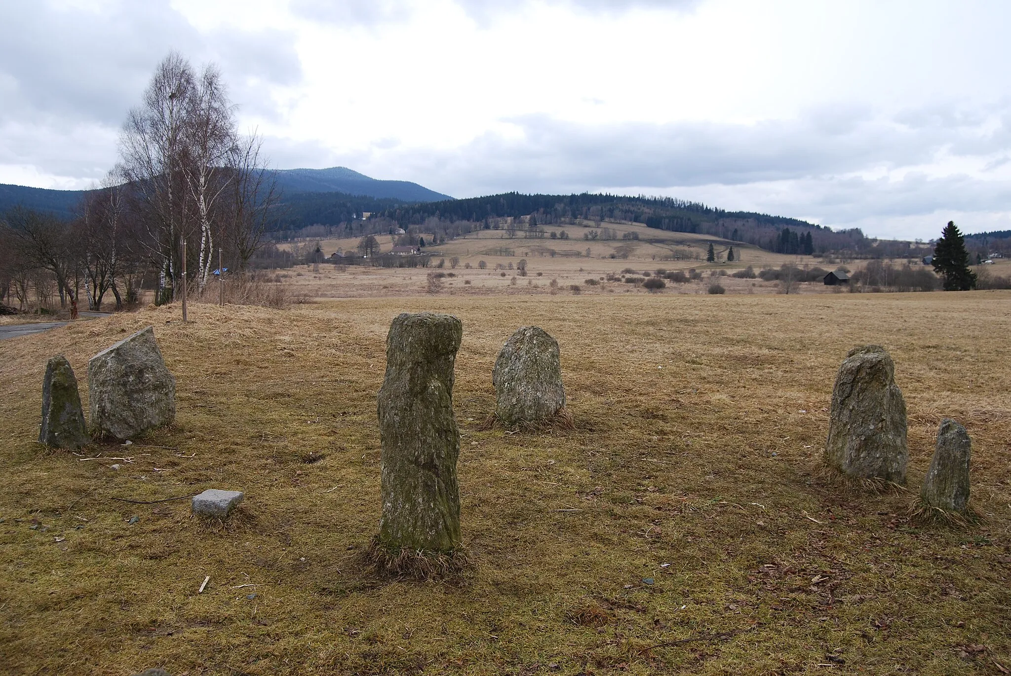 Photo showing: Uskupení jedenácti prehistorických menhirů na vyvýšeném návrší u Volar. Česká ulice - Samota. Volary v okrese Prachatice. Česká republika.