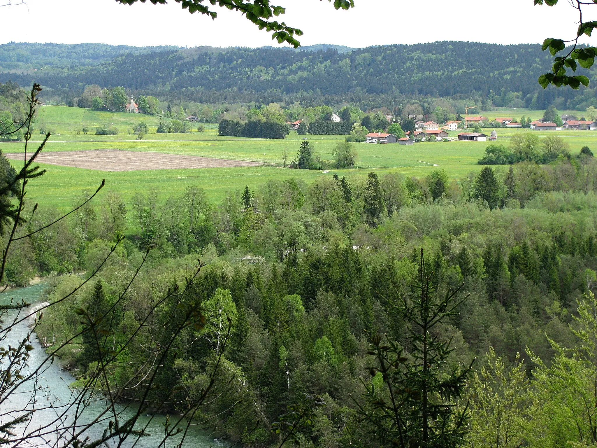 Photo showing: Die Isar oberhalb der Mündung des Großen Rothbachs im Naturschutzgebiet „Isarauen zwischen Schäftlarn und Bad Tölz“; im Hintergrund Bairawies.