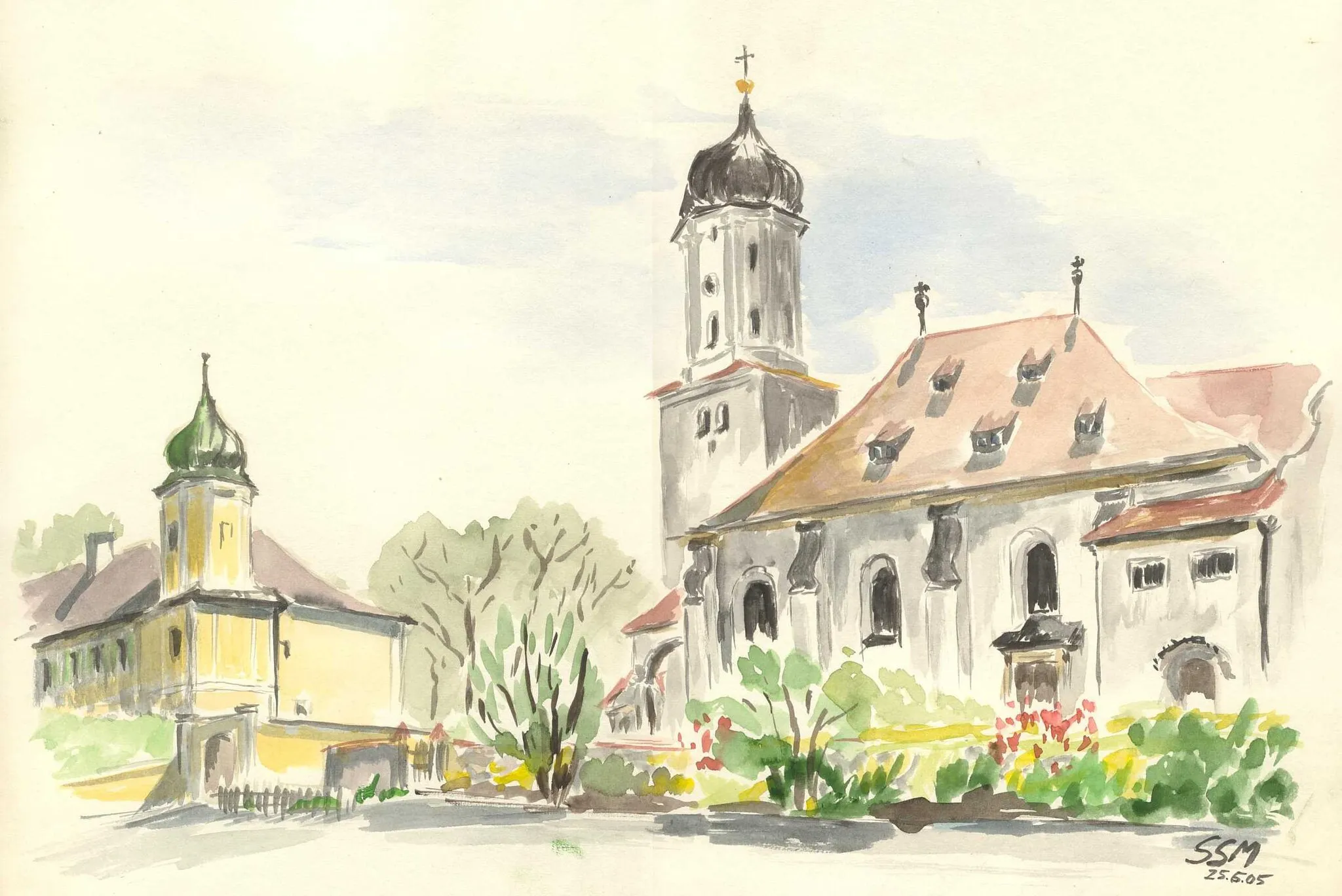 Photo showing: Stepperg, Schloss und Kirche. Aquarell von Siegfried Schieweck-Mauk, Eichstätt