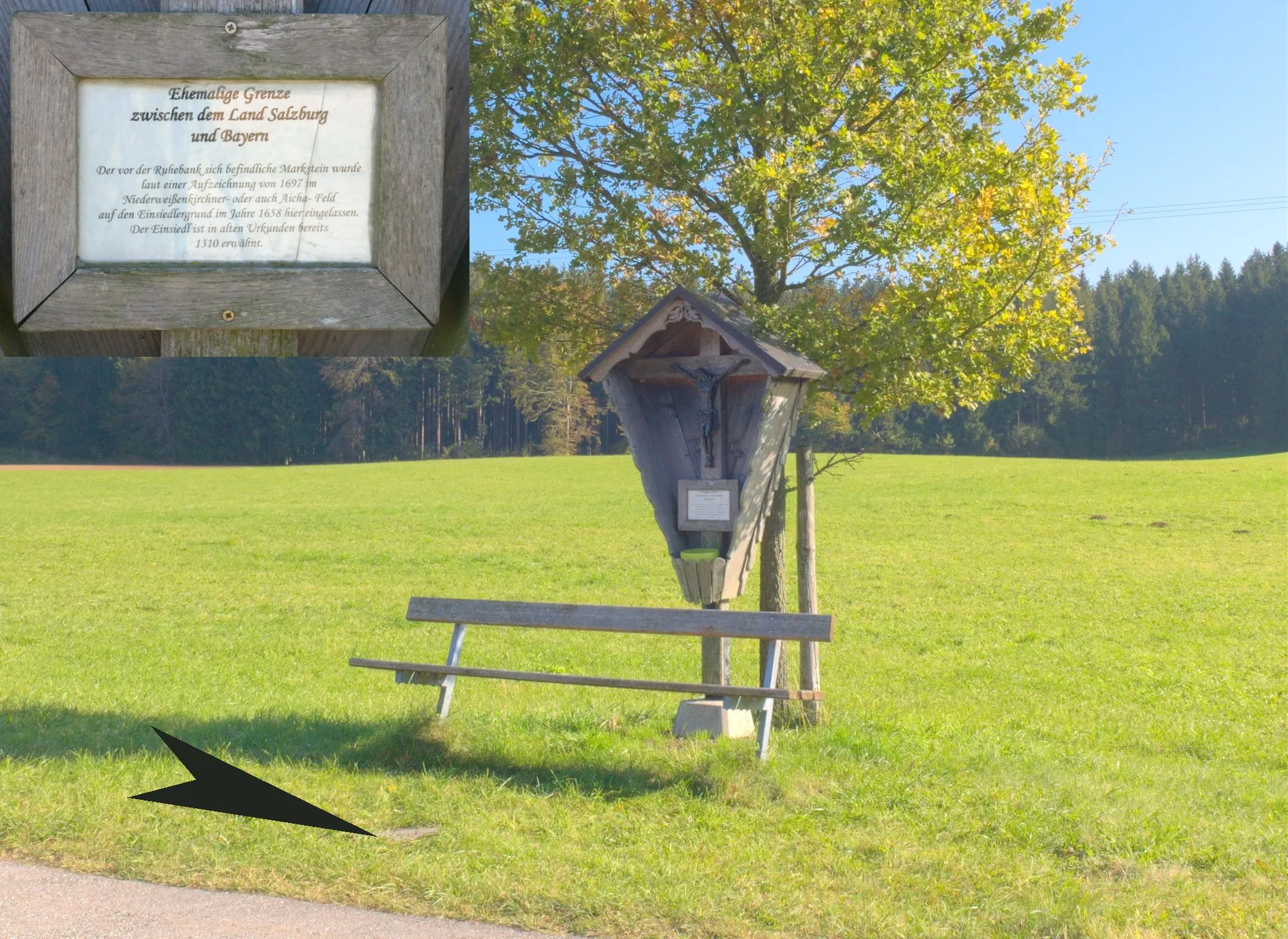 Photo showing: Grenzstein in der Nähe des Hofes "Einsiedl" - Gemeinde Palling - aus dem Jahr 1658, ehemalige Grenze zwischen dem Land Salzburg (Erzstift Salzburg) und Bayern.
Text der Tafel... "Der vor der Ruhebank sich befindliche Markstein wurde laut einer Aufzeichnung von 1697 im Niederweißenkirchner oder auch Aicha- Feld auf den Einsiedlergrund im Jahr 1658 hier eingelassen. Der Einsiedl ist in alten Urkunden bereits 1310 erwähnt."