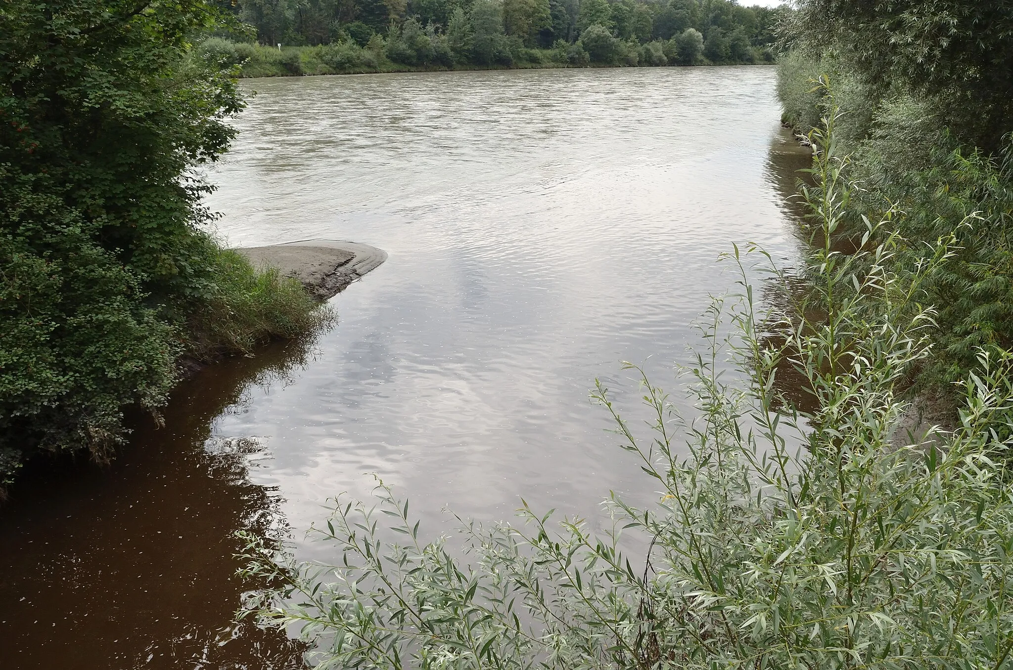 Photo showing: Mündung der Moosach in die Salzach in der Gemeinde Riedersbach. Von der Brücke flussab.
