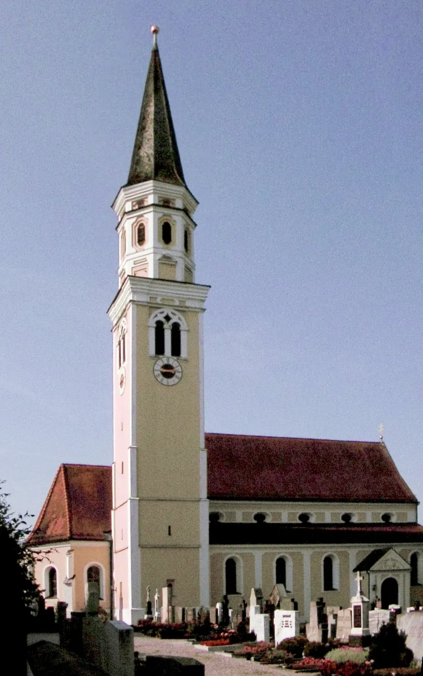 Photo showing: Pfarrkirche St. Benedikt in Odelzhausen (vom Rathaus aus gesehen).