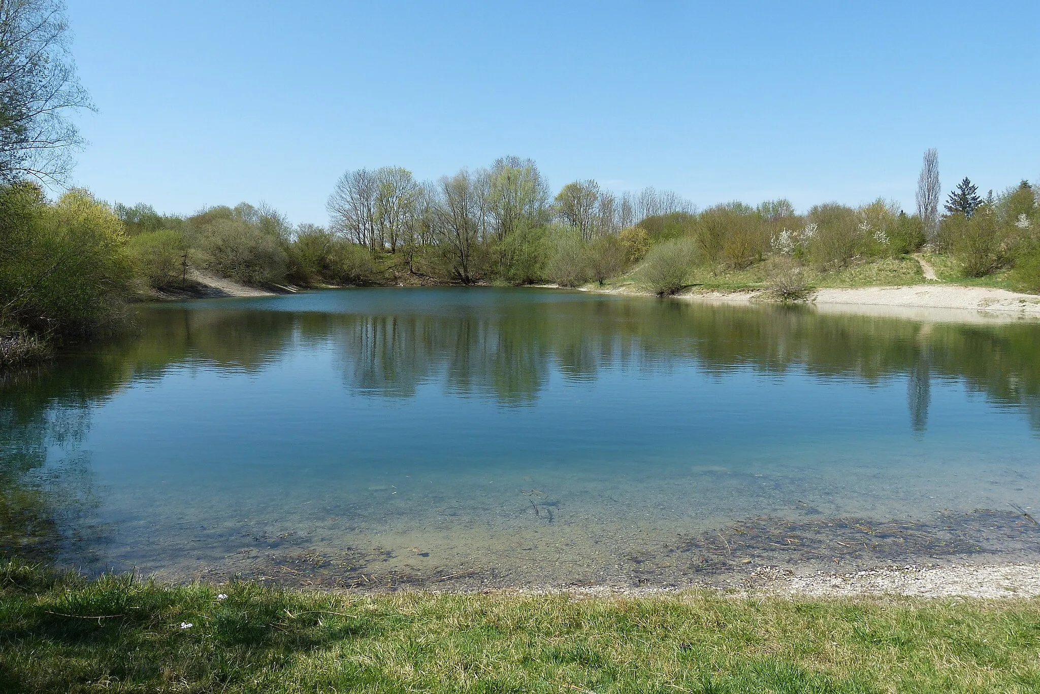 Photo showing: Der Gymnasiumsweiher in Königsbrunn im April 2015.