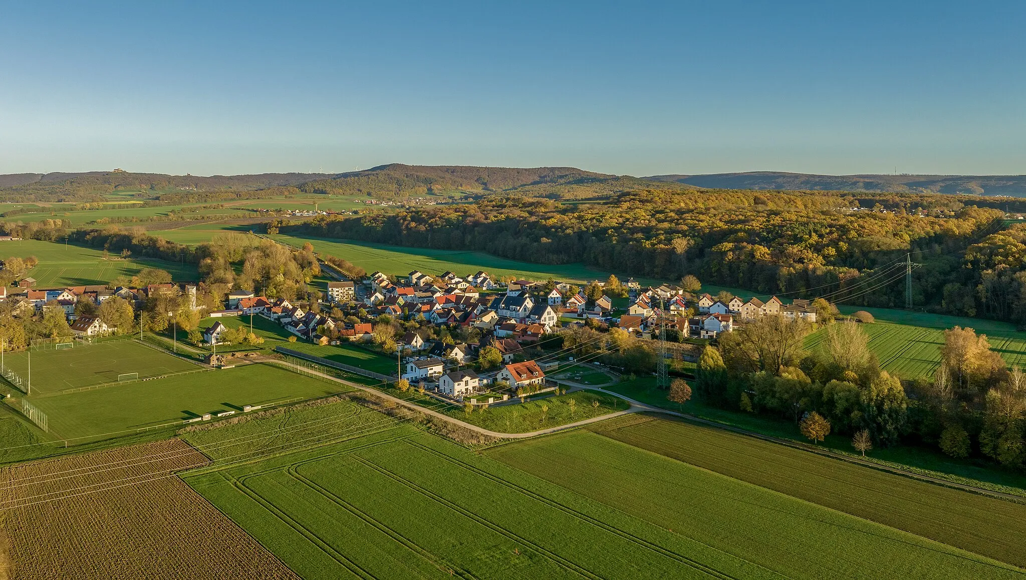 Photo showing: Aerial view of Drosendorf (Memmelsdorf) in Upper Franconia near Bamberg