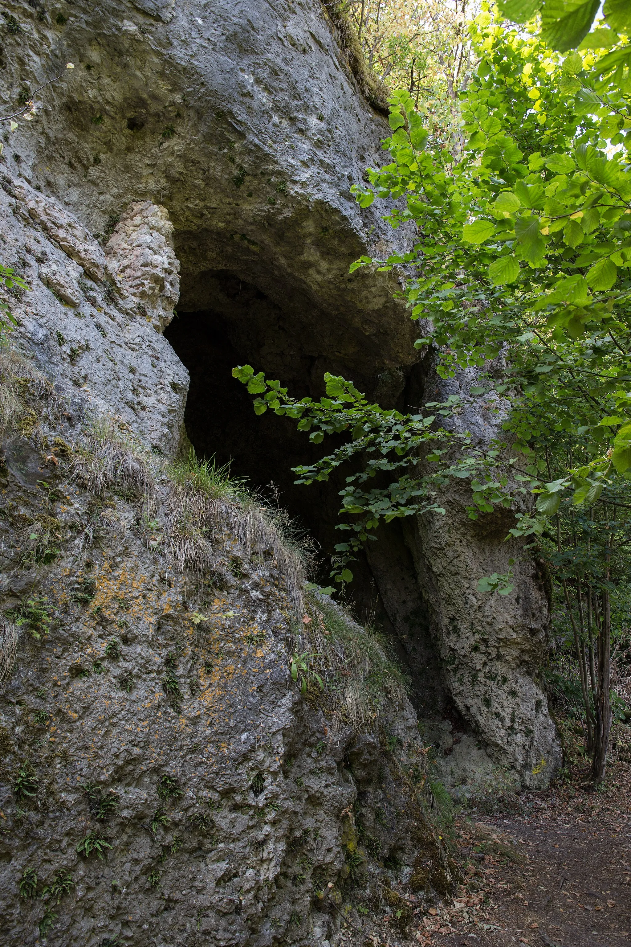 Photo showing: Kleine Höhle am Aufgang zur Burg Oberntüchersfeld. Darin sind künstliche Bearbeitungsspuren am Fels sowie ein Mauerrest zu sehen. Sie wurde möglicherweise von den Burgbewohnern genutzt.