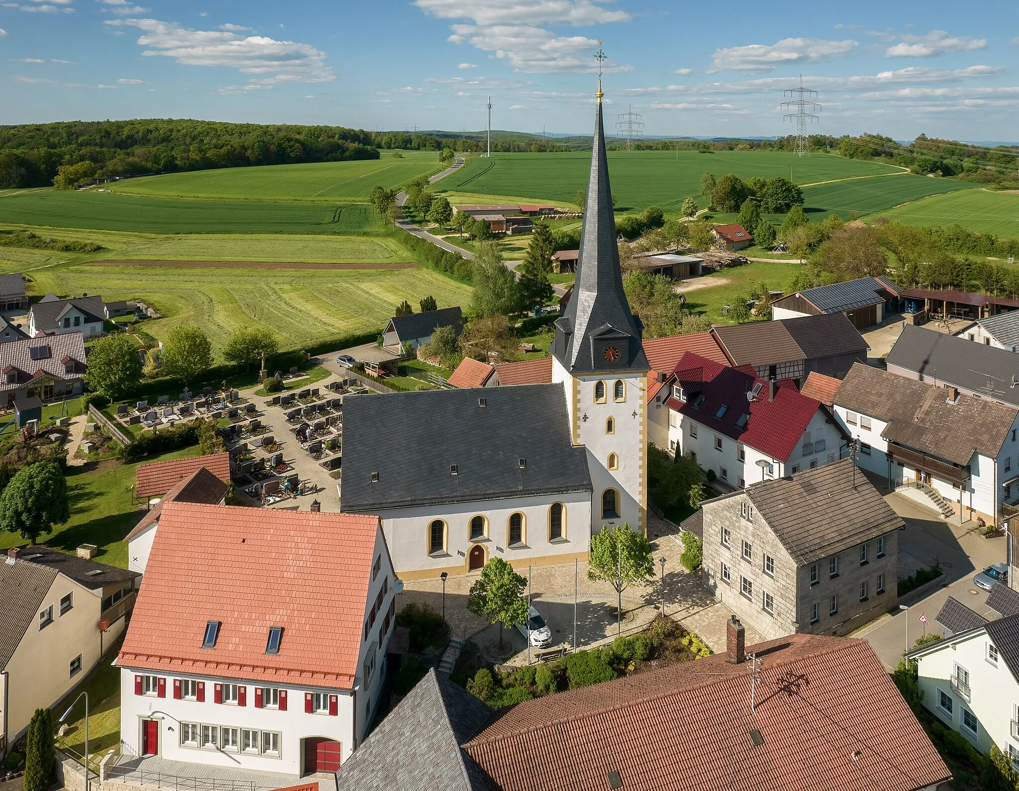 Photo showing: Aerial view of the Catholic parish church of St. Barbara Wattendorf