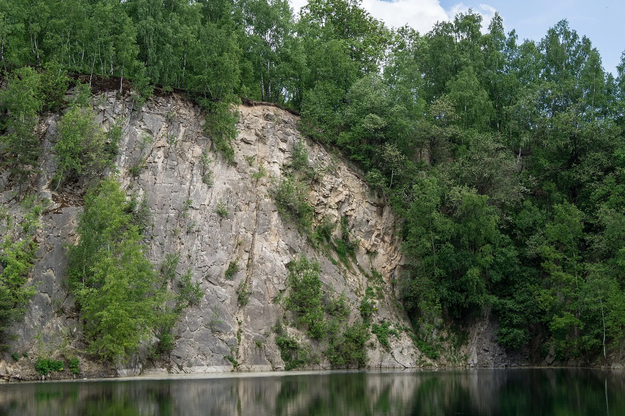 Photo showing: An der östlichen und südlichen Bruchwand des tiefen, wassergefüllten Steinbruchs im Porphygranit sind durchgeschlagene Basaltgänge mit Säuerliger Absonderung zu finden.