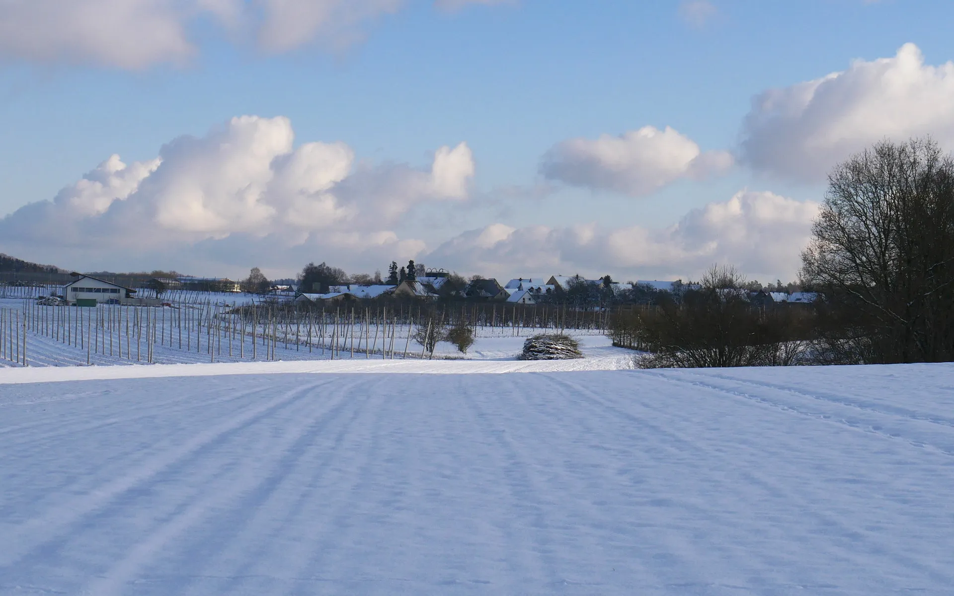 Photo showing: Lilling im Schnee. Gut sichtbar die landschaftsprägenden Hopfenfelder