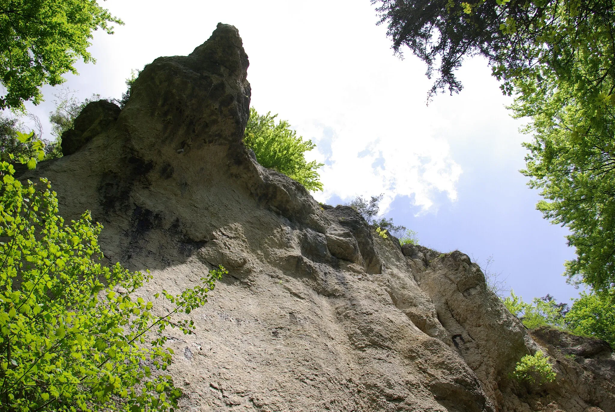 Photo showing: Kletterwand Hohe Nase (Geisskirche) im Oberen Püttlachtal bei Pottenstein in der Fränkischen Schweiz.