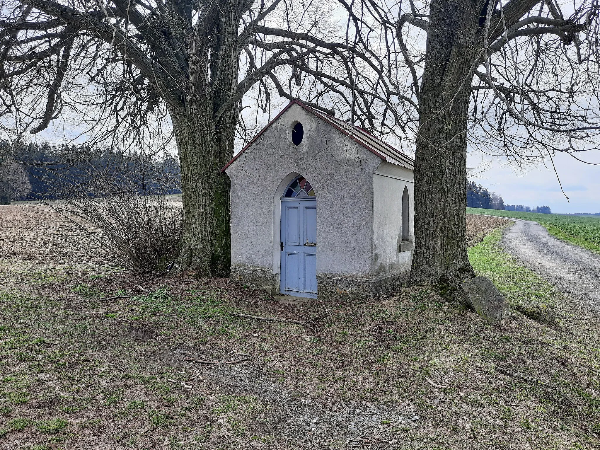 Photo showing: Feldkapelle - Gartenäcker, am Weg von Großkonreuth nach Dippersreuth. Von 2 Bäumen umstellt.