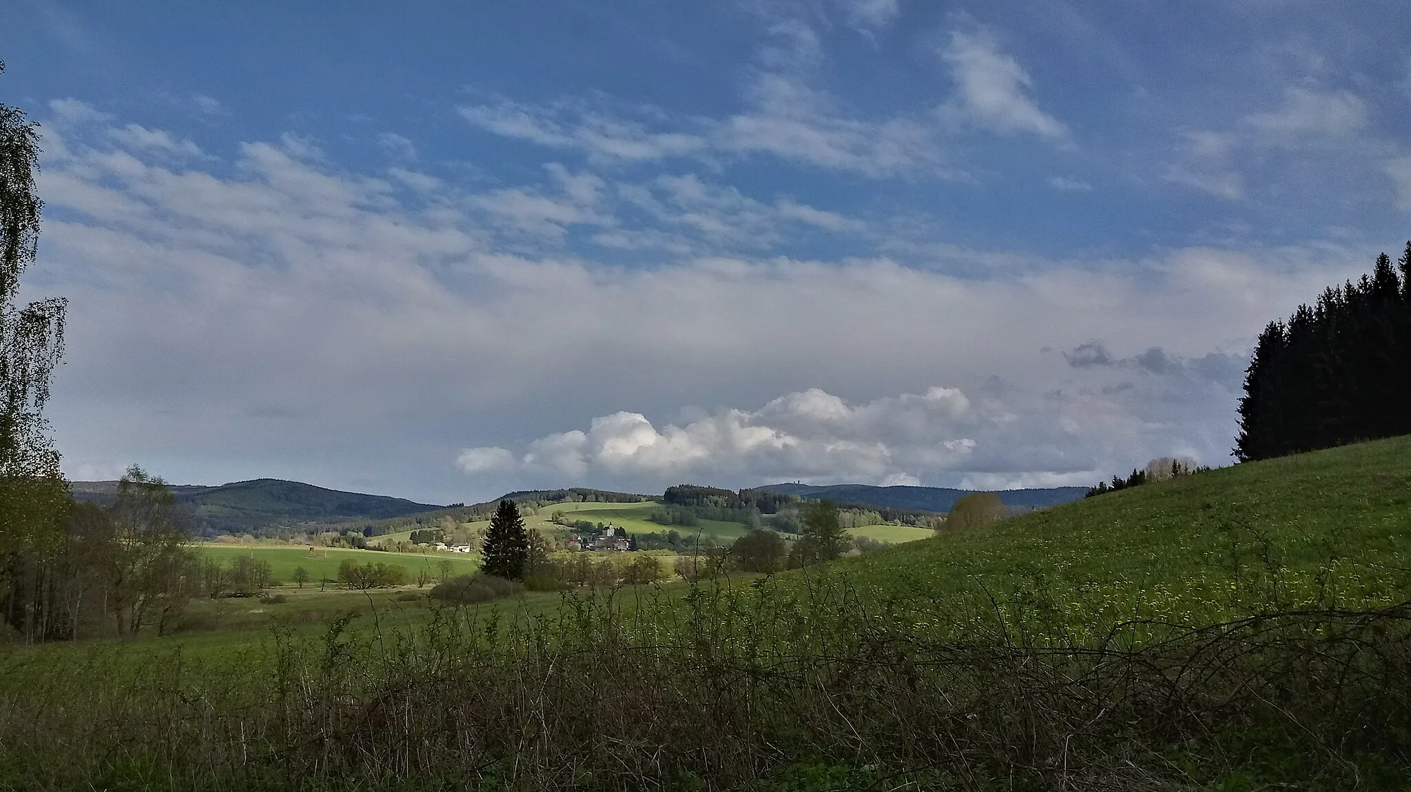 Photo showing: View at Nemanice (Domažlice district, Czech Republic) from north-west with Čerchov in background.