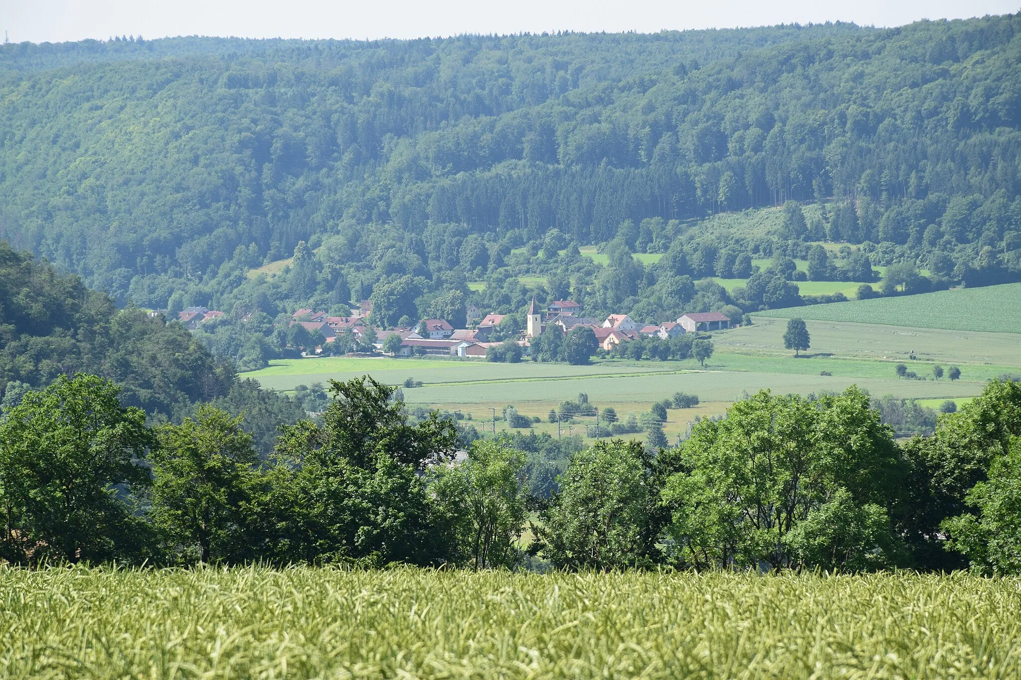 Photo showing: Dorf, Flusstal, Berghänge, Wald