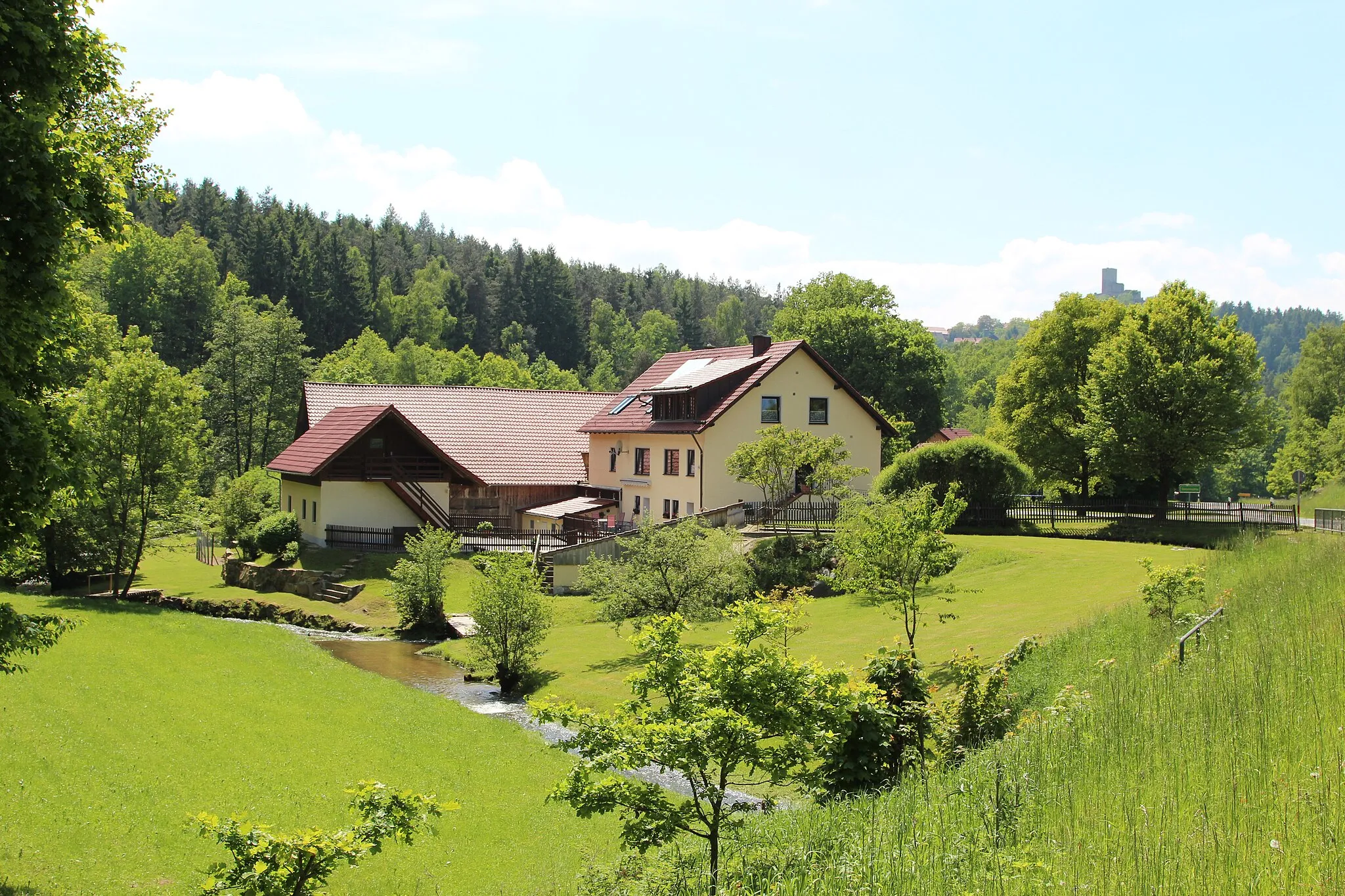 Photo showing: Die Steinmühle ist ein Ortsteil von Oberviechtach. Im Hintergrund ist die Burgruine Murach zu sehen.