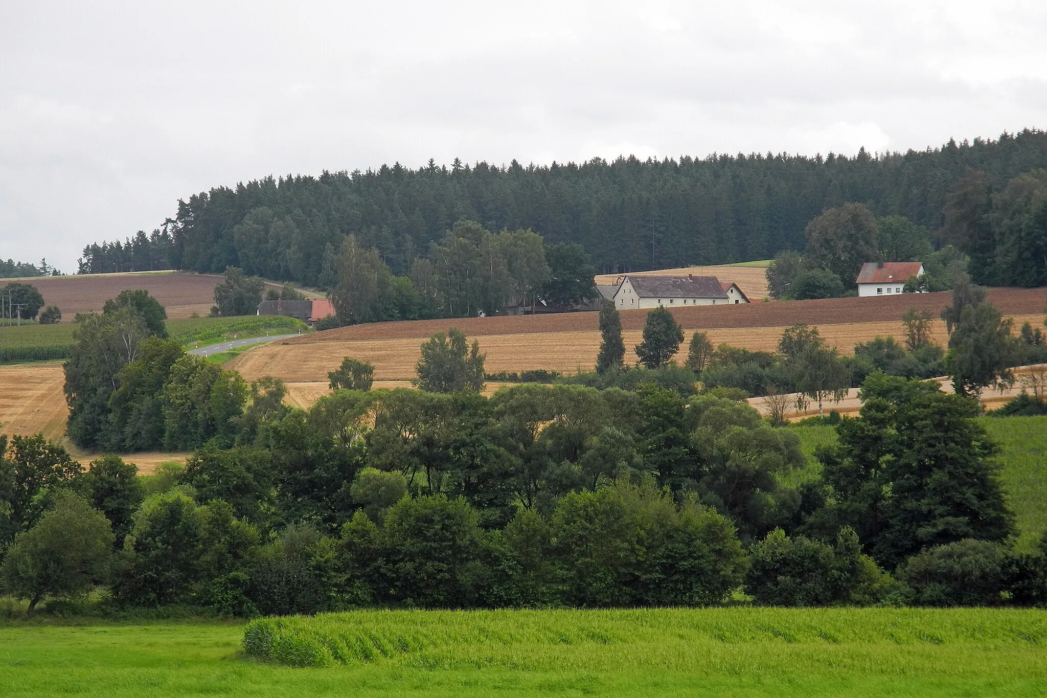 Photo showing: Blick vom Wallenstein-Radweg (Valdštejnova cyklostezka) bzw. Europa-Radweg Eiserner Vorhang (Iron Curtain Trail) bei Egerteich auf den Ort Mammersreuth