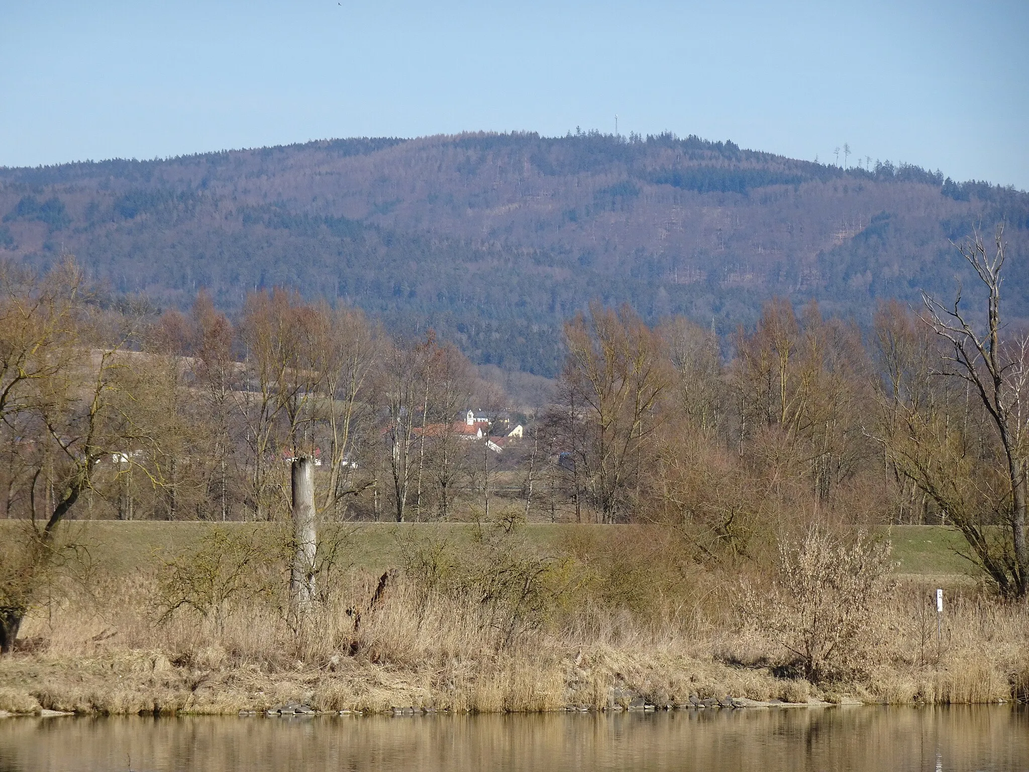 Photo showing: Kobelberg: Ansicht von Süden her aus der Donauebene. Im Vordergrund die Donau bei Irling (Gemeinde Pfatter).