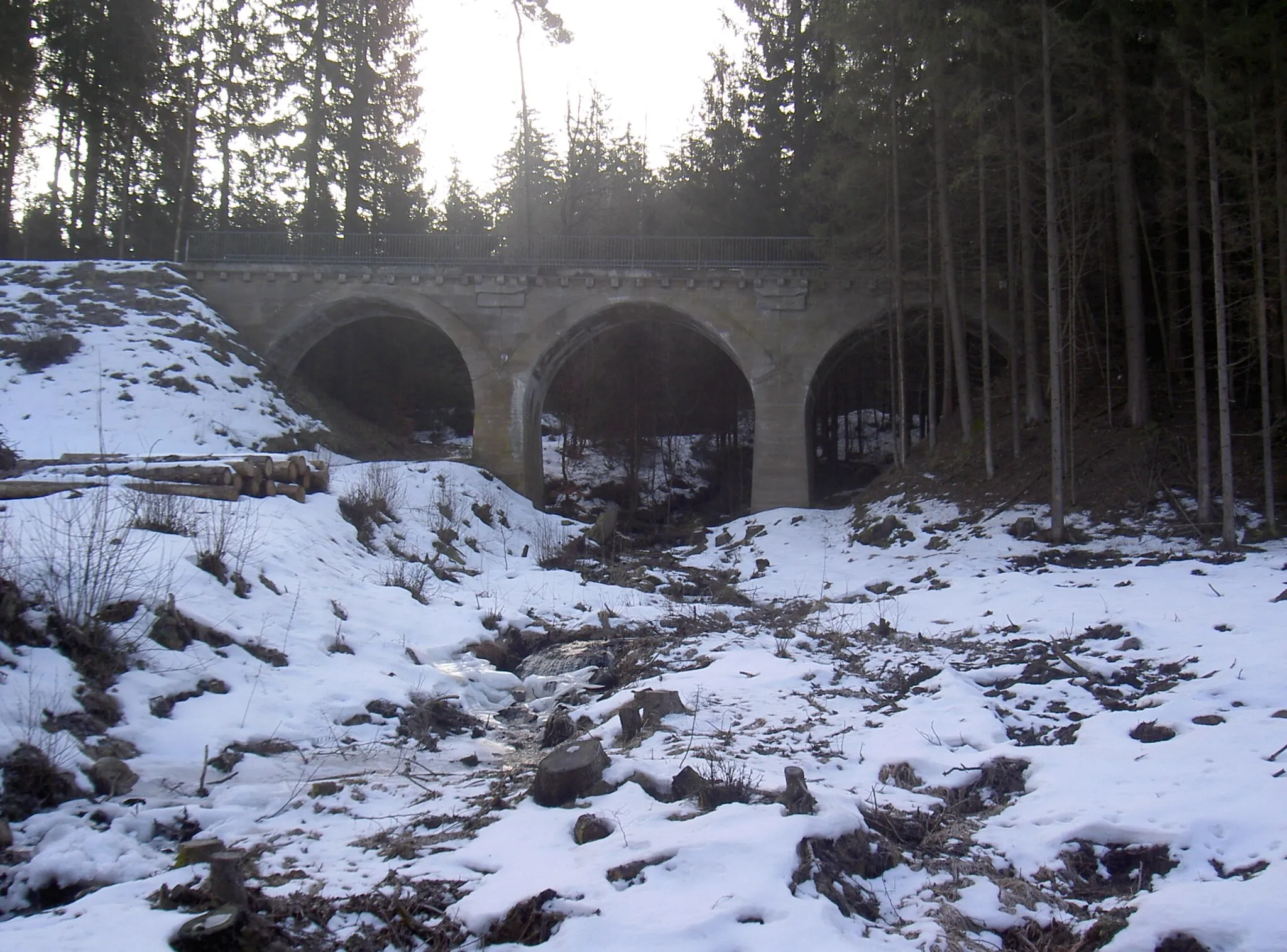 Photo showing: Eisenbahnbrücke gegenüber von Muggenthal über den Forellenbach. Sie ist Teil der ehemaligen Bahnstrecke von Nabburg nach Schönsee.