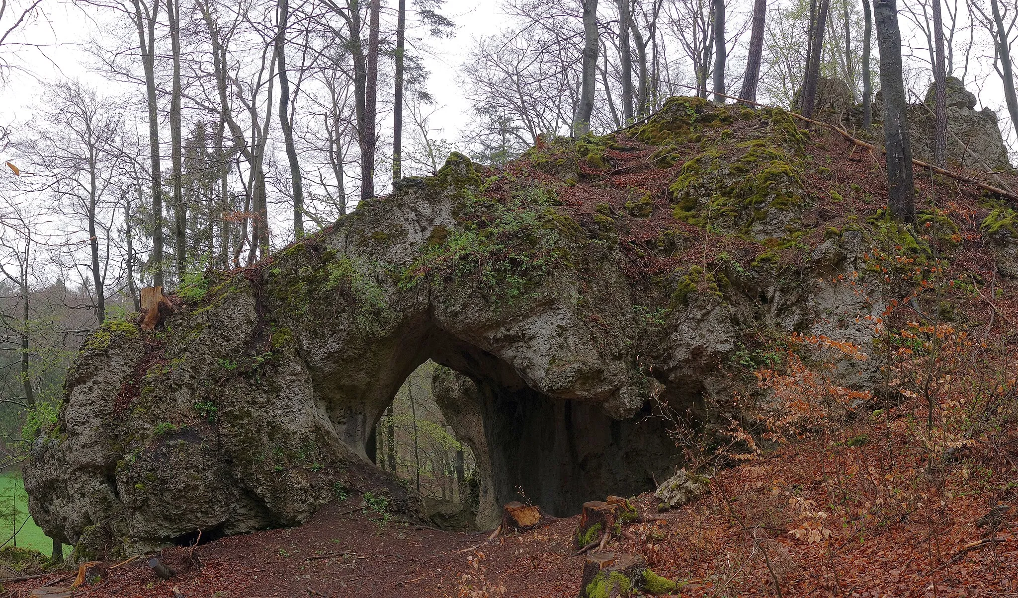 Photo showing: The south side of the Wassersteintor, a natural arch at the Großer Wasserstein, a rock cluster near the town of Betzenstein in northern Bavaria.