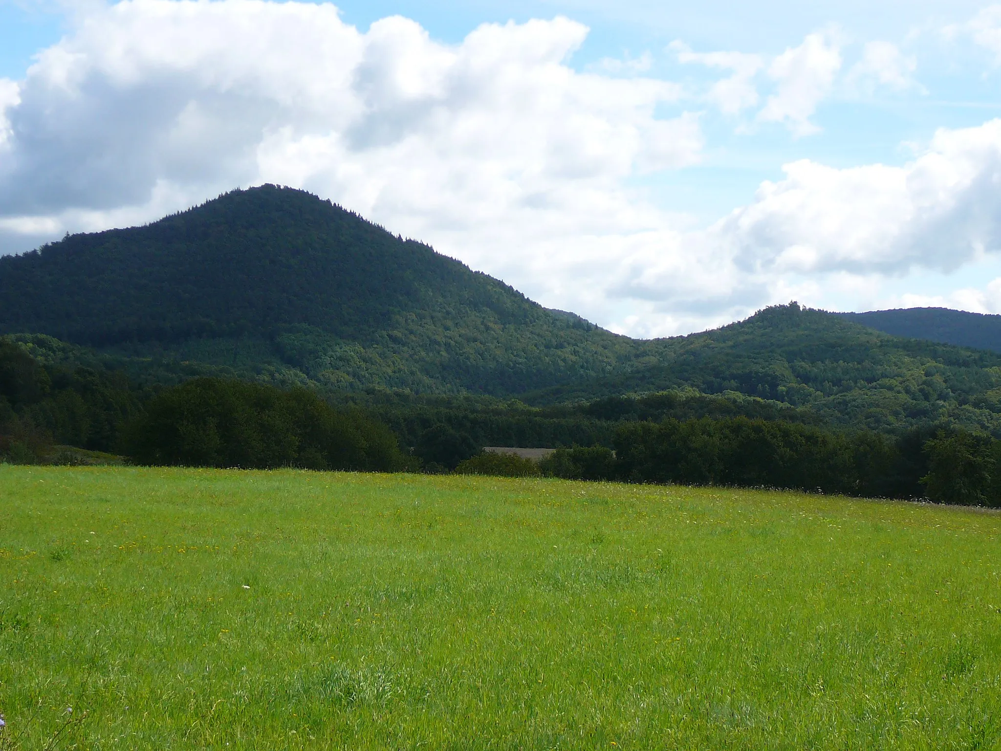 Photo showing: Landwirtschaftlich genutzte Verebnungsflächen zwischen Völkersweiler und Waldrohrbach: Im Hintergrund Rehberg und kleiner Hahnstein (links)