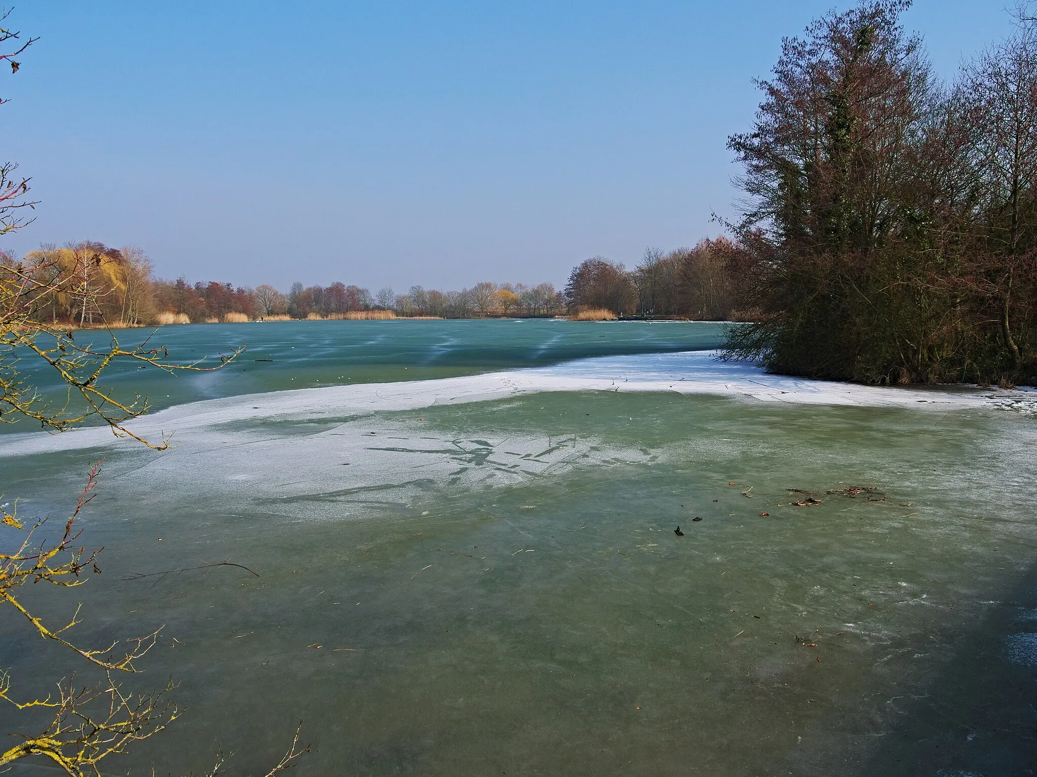 Photo showing: upper Vogelstangsee - frozen. Taken in Mannheim-Vogelstang, Baden-Württemberg, Germany.