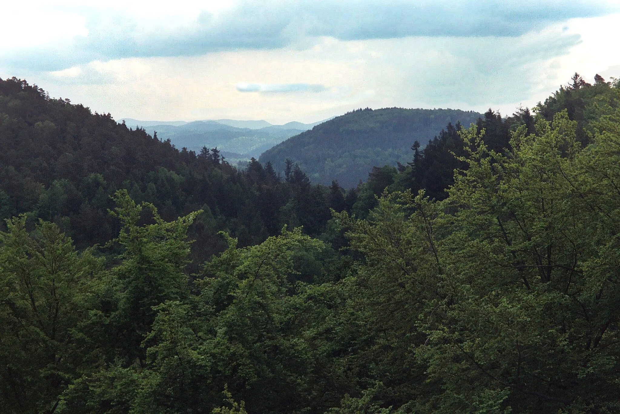 Photo showing: Lemberg (Pfalz), view from the ruined castle to the mountains
