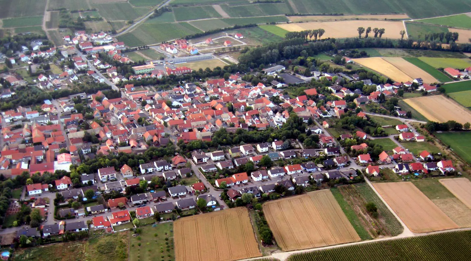 Photo showing: Luftbild von de:Bechtolsheim vom 9. Juli 2005 aufgenommen vom Gleitschirm aus, fotografiert von mir.
Das Bild zeigt Bechtolsheim aus der Sicht oberhalb des Petersbergs kommend. Im Vordergrund kann man einige Felder erkennen sowie in der rechten Bildhälfte ein paar Rebzeilen die zum Petersberg hinaufführen. Das Bild fängt auf der linken Seite mit dem Ende des Friedhofes an. Die ersten vier Häuserzeilen, mit hauptsächlich dunkler Dachbedeckung, sind das alte Neubaugebiet aus den 1970er Jahren. Es erstreckt sich bis zu der Straße die dann ein Feldweg wird und Richtung Weinberg verläuft. Danach die 2,5 Häuserzeilen (hauptsächlich rot gedeckt) ist das Neubaugebiet der 1990er Jahre. In der rechten Bildhälfte kann man den Rasenplatz (Fußballfeld) des Sportplatzes erkennen.

Nach den oben genannten hier Häuserzeilen, kann man eine durchgehende Baumreihe erkennen. Hierbei handelt es sich um den alten Dorfgraben. Heute kann dieser als Fuß- und Radweg benutzt werden. Dahinter schließt sich, bis zur nächsten Baumreihe, der Ortskern an, diese Baumreihe verläuft am Ufer der Selz.