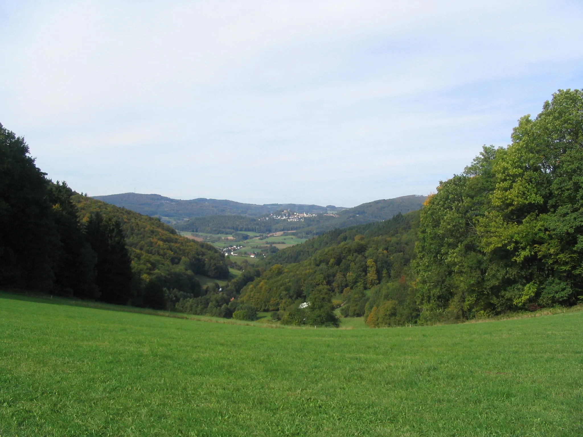 Photo showing: Brombachtal und Krehberg-Lindenfels-Höhenzug (Odenwald) vom Eselstein aus