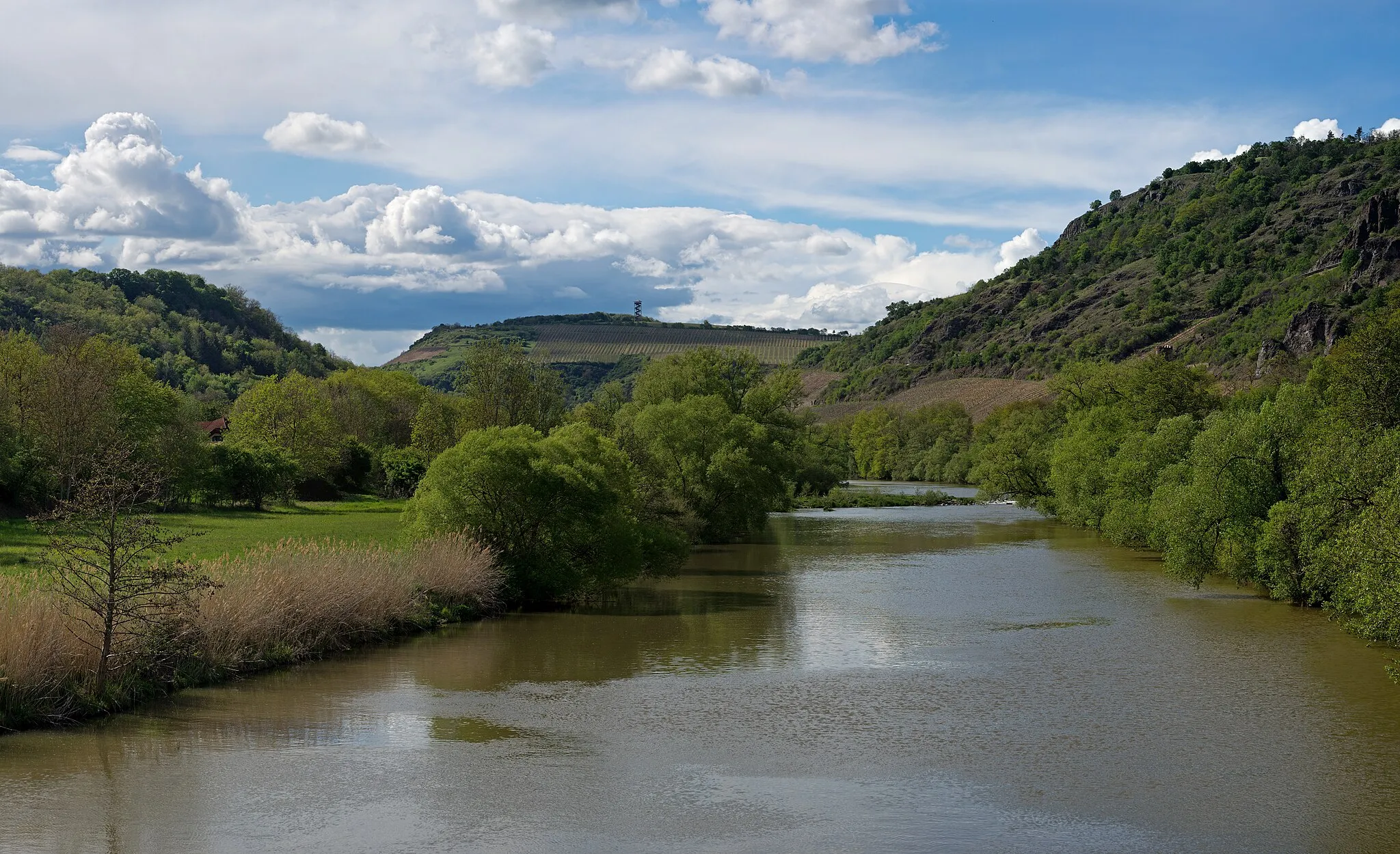 Photo showing: View from the Luitpold Bridge near Oberhausen upstream over the Nahe. In the background the lookout-tower on the Heimberg.