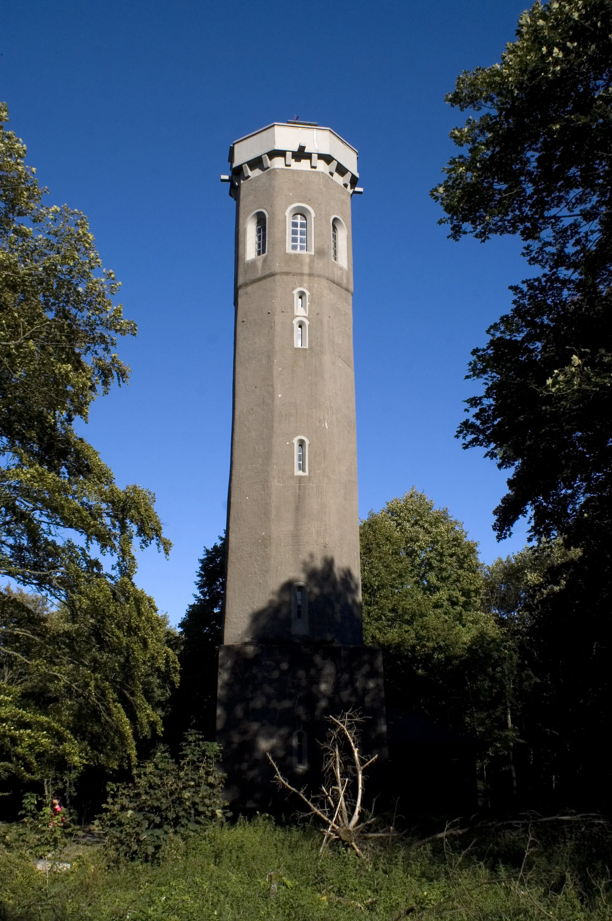 Photo showing: auf dem Donnersbergplateau: Ludwigsturm; zinnenkranzberkönter achteckiger Putzbau, bezeichnet 1864 und 1953 (Erneuerung), Architekt Carl Bleßmann, Kirchheimbolanden, und die könligliche Kreisbaubehörde, Speyer