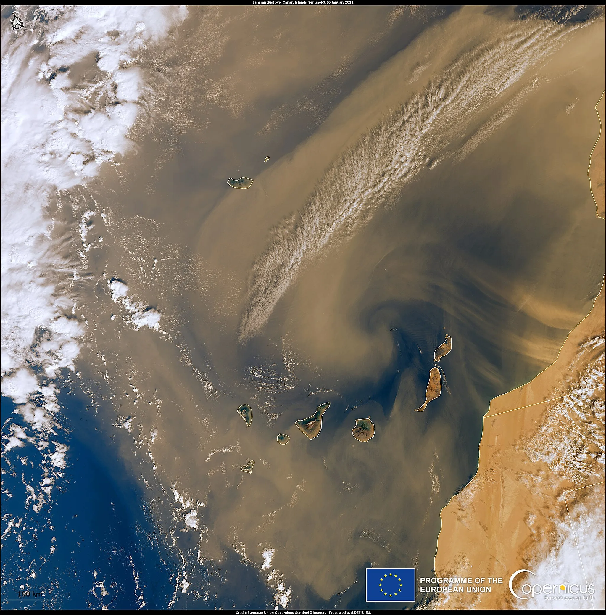 Photo showing: This image, acquired by one of the Copernicus Sentinel-3 satellites on 30 January, shows a new Saharan dust storm, the third in less than two weeks, with transport from the west coast of Africa over to the Atlantic Ocean. Air quality in the Canary Islands (Spain), as well as in Madeira (Portugal), has been heavily affected by significant concentrations of particulate matter (dust) in the air. Consequently, the Spanish National Meteorological Agency, AEMET, has issued a yellow alert and health authorities have advised people not to stay outdoors for extended periods of time.