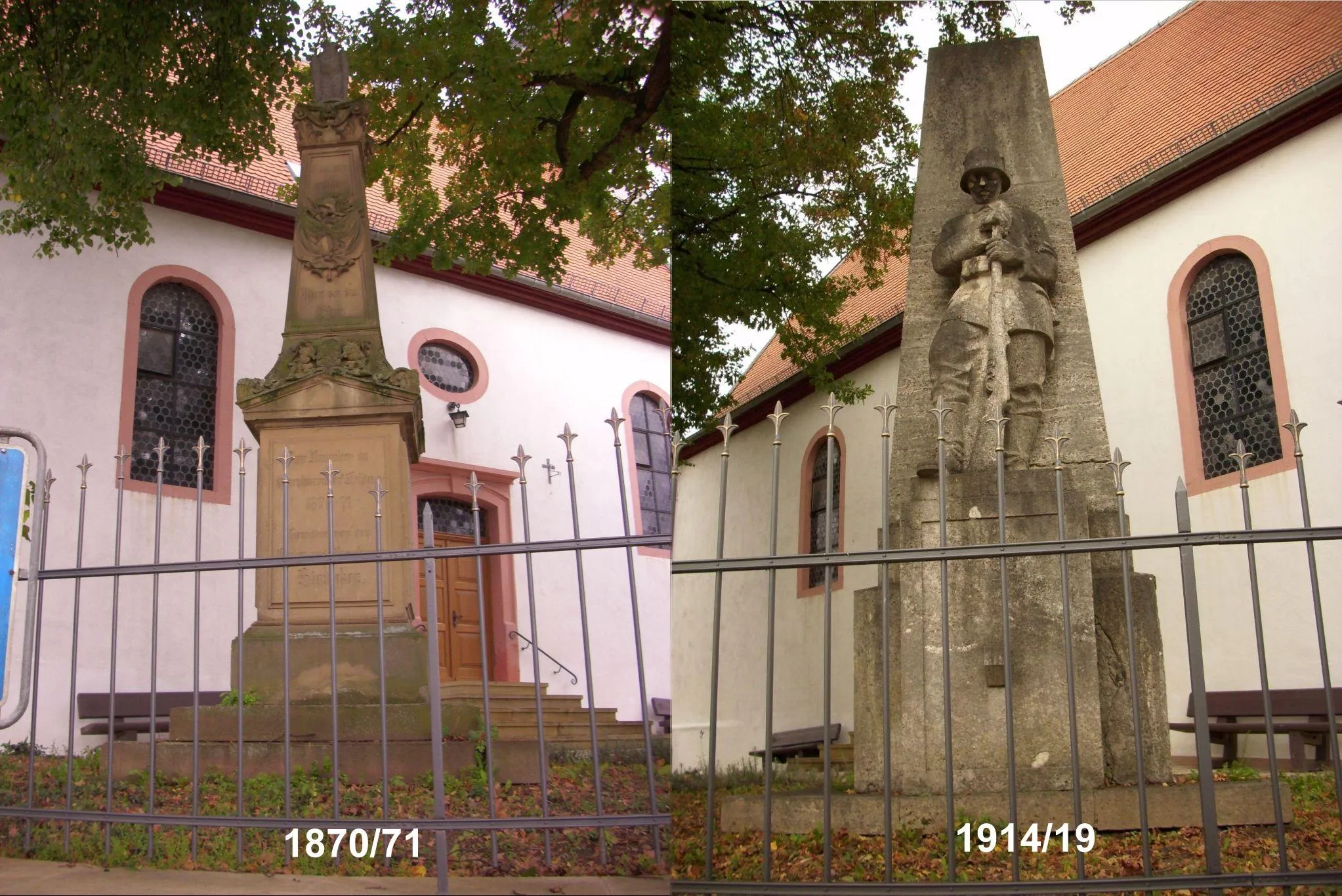 Photo showing: Im Kirchgarten Kriegerdenkmal 1870/71, Obelisk, bezeichnet 1888; Kriegerdenkmal 1914/18, Stele mit Hochrelief, um 1930