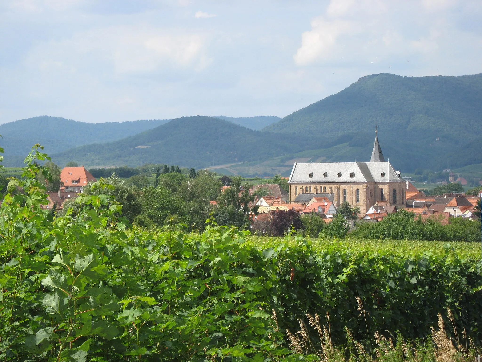 Photo showing: Blick von Süden auf Arzheim, in der Mitte die katholische Pfarrkirche St. Georg, St.-Georg-Straße 1