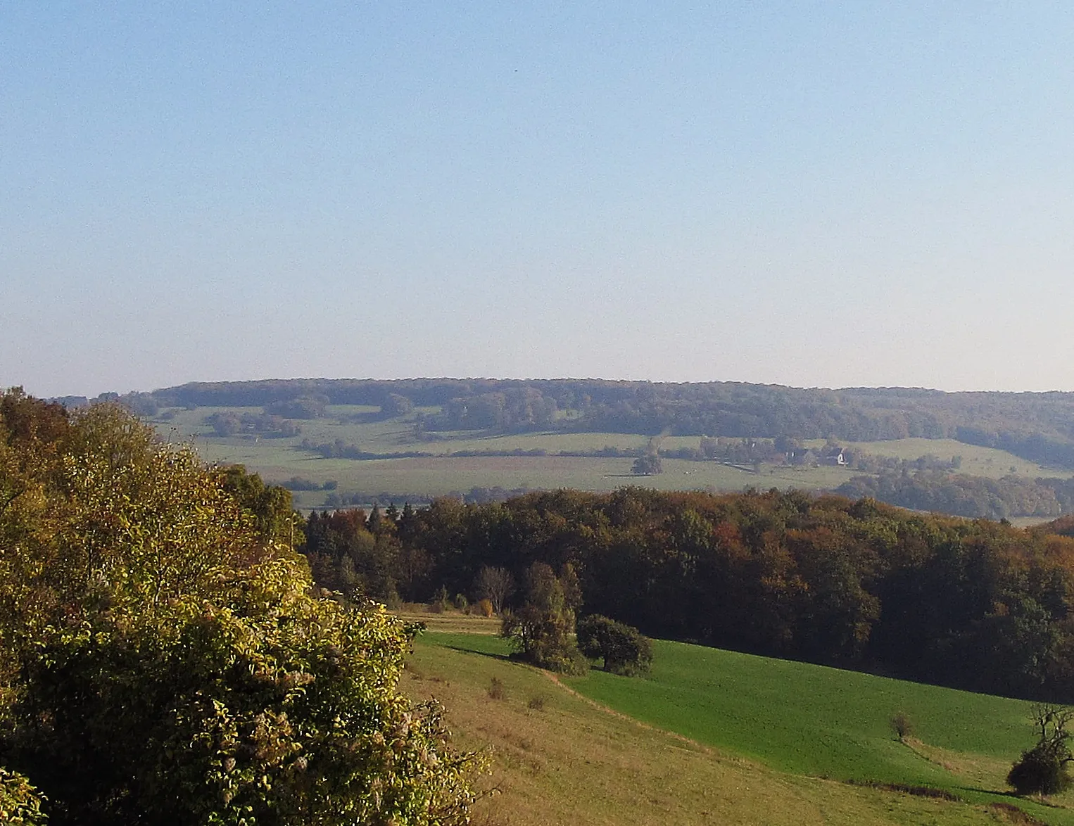 Photo showing: Der Kahlenberg bei Breitfurt mit dem Kirchheimer Hof vom Hang des Kalbenbergs aus gesehen.