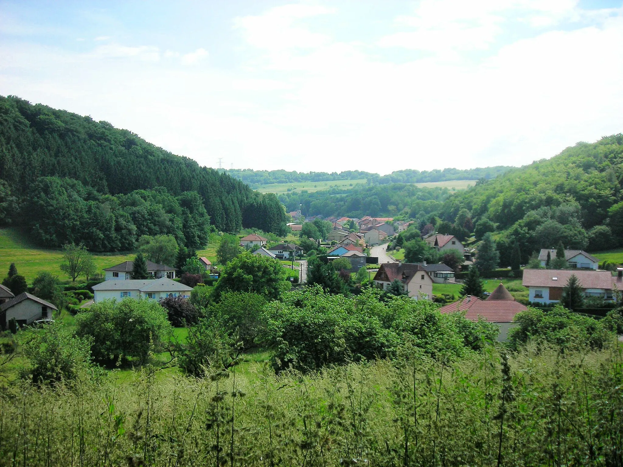 Photo showing: Le village de Bisten depuis le chemin venant de la chapelle de Varsberg (Lorraine, France)