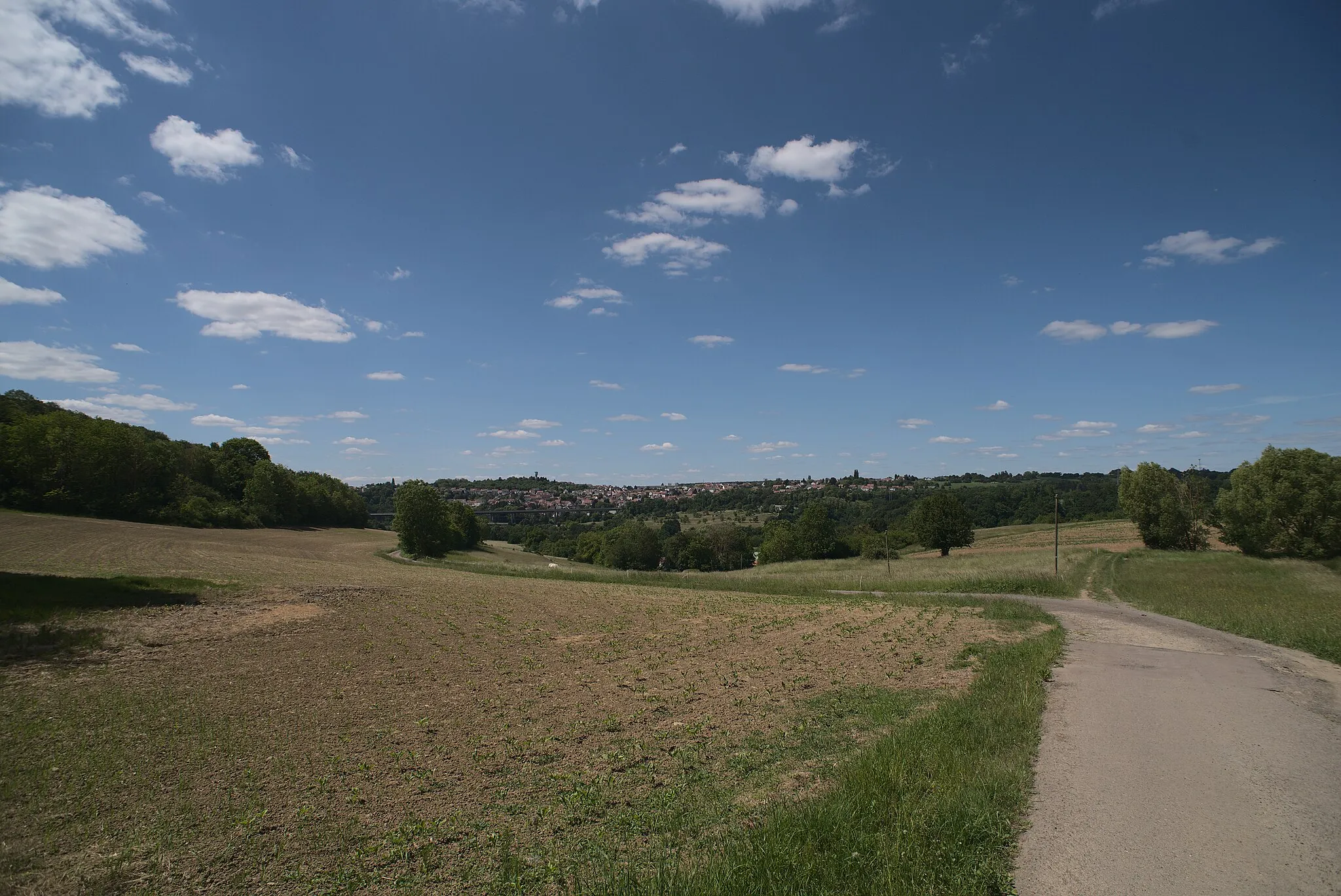 Photo showing: Blick nach Bischmisheim von dem Landschaftsschutzgebiet Wisch- und Wogbachtal aus.