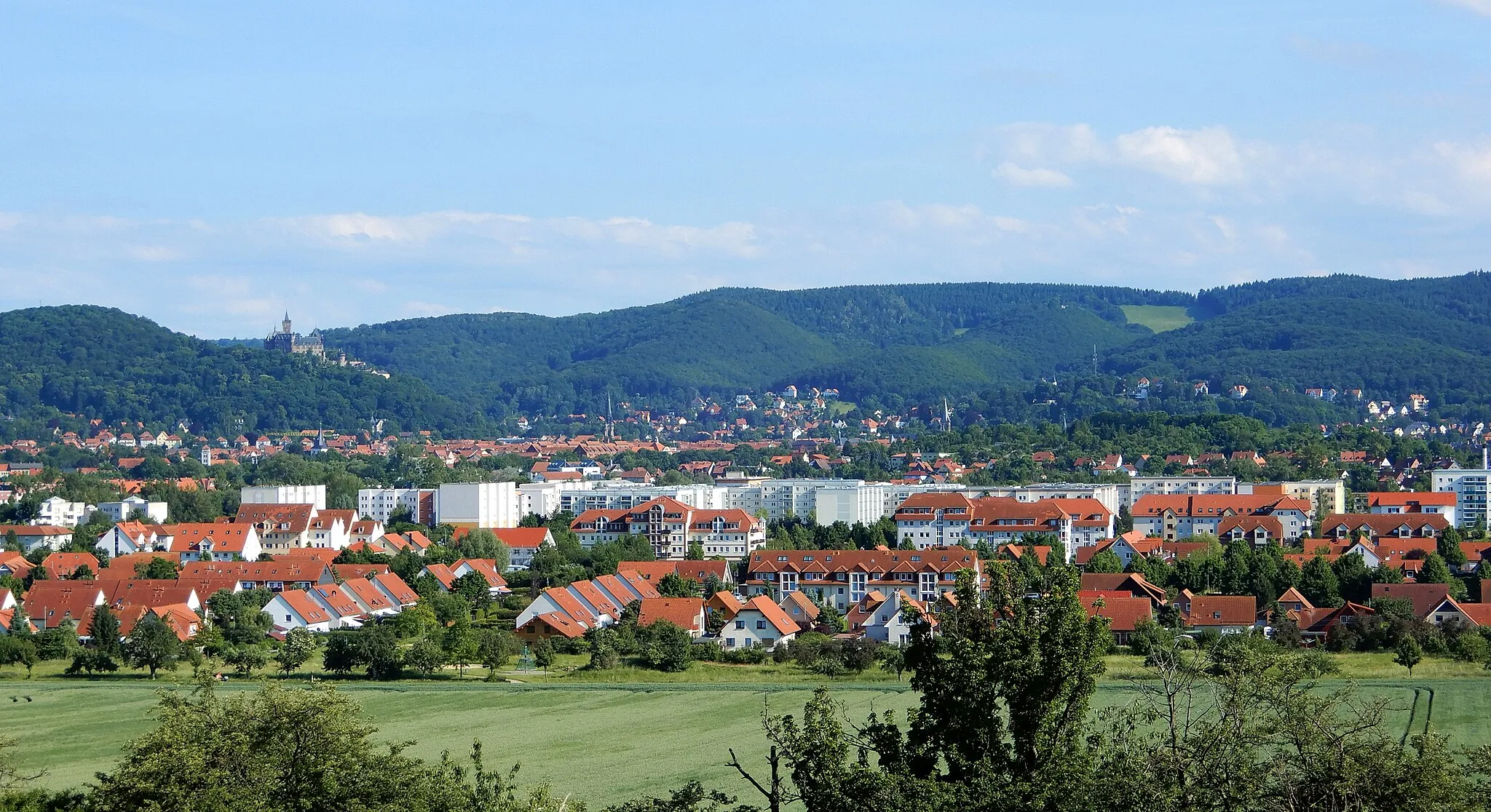 Photo showing: Blick von der Charlottenlust über das Wohngebiet Harzblick zum Harz und auf Wernigerode