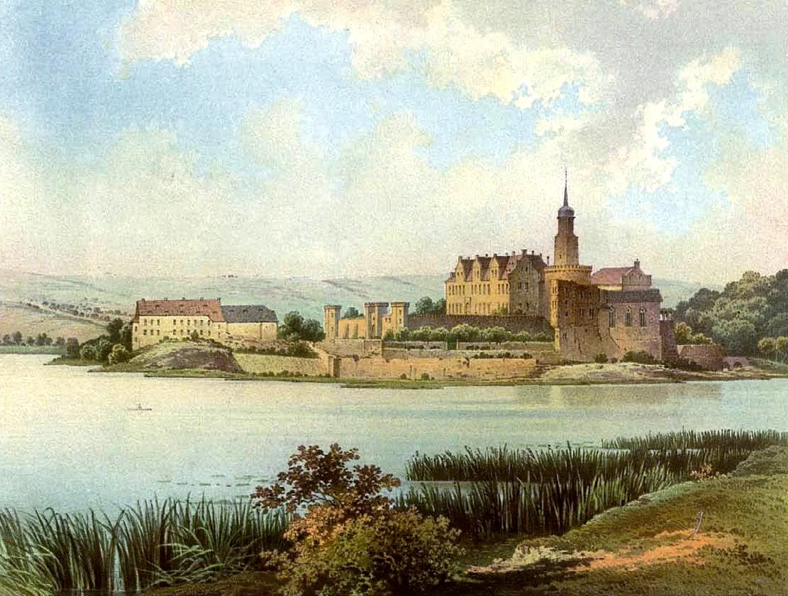 Photo showing: Schloss Seeburg, Mansfelder Seekreis, Provinz Sachsen, Lithografie aus dem 19. Jahrhundert