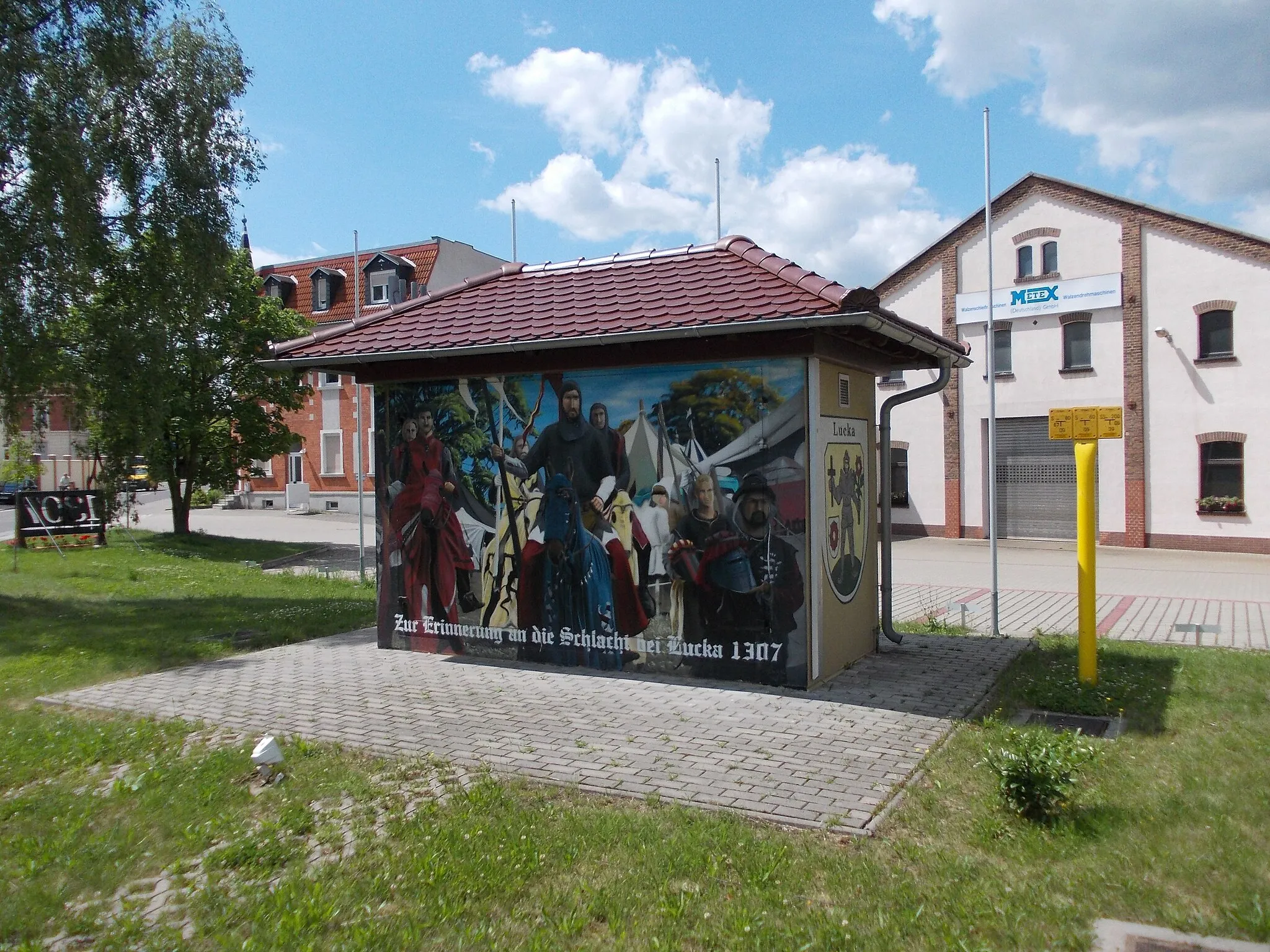 Photo showing: Mural in Lucka (district of Altenburger Land, Thuringia) in commemoration of the Battle of Lucka in 1307
