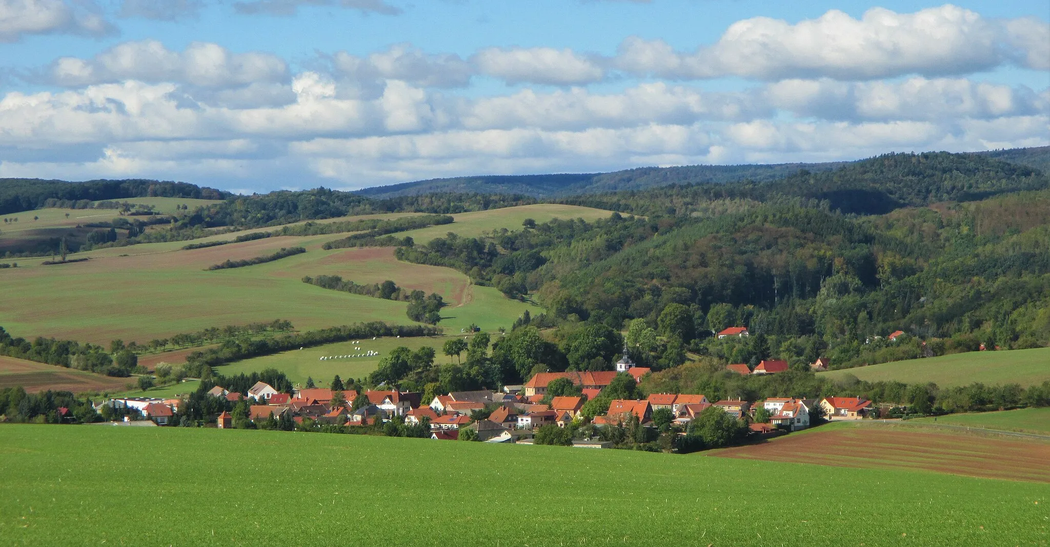 Photo showing: Blick von Südosten auf Großleinungen, Gemeinde Südharz, Landkreis Mansfeld-Südharz