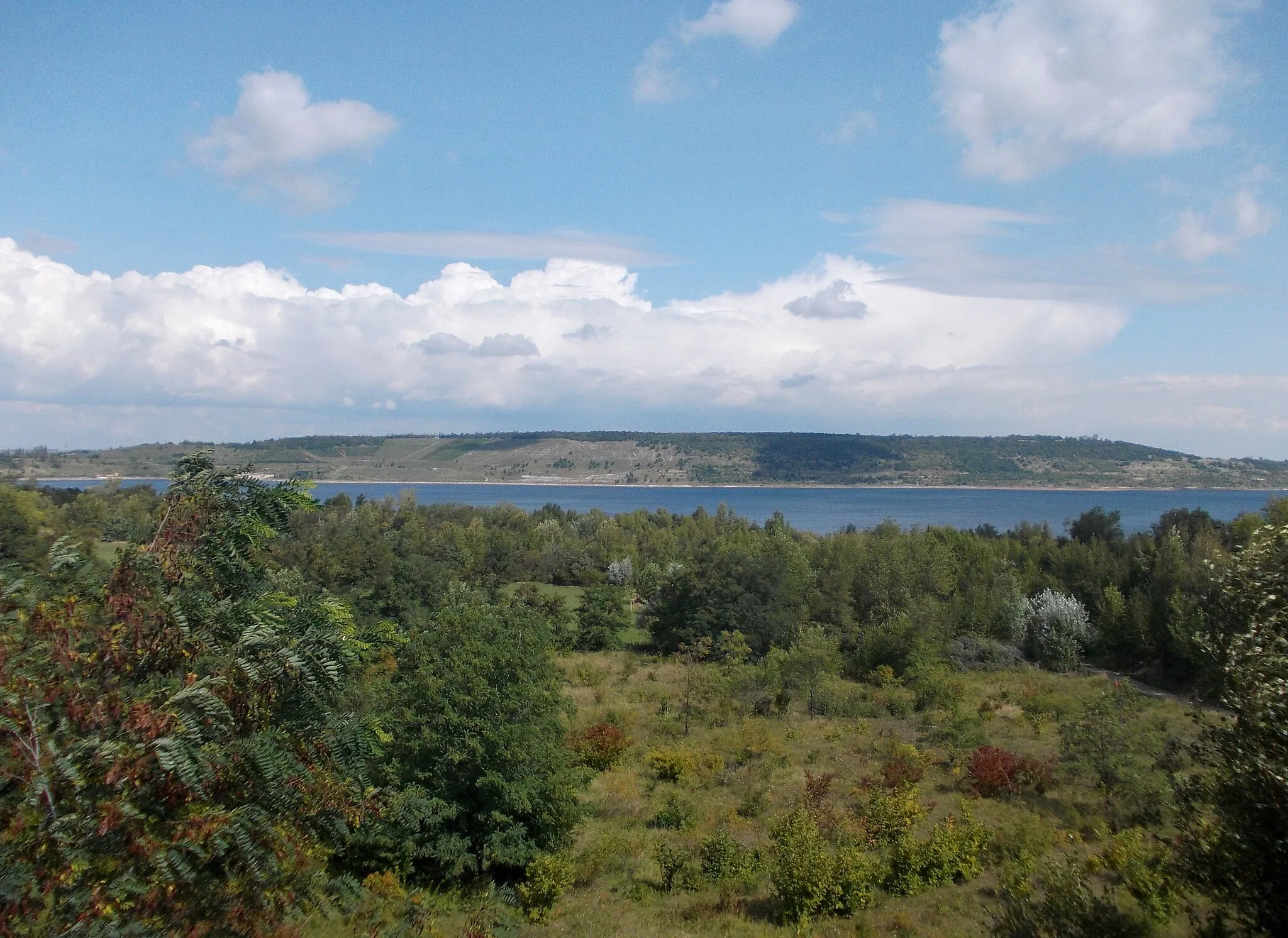 Photo showing: Geiseltalsee from "Pauline" observation tower in Stöbnitz (Mücheln, district: Saalekreis, Saxony-Anhalt)