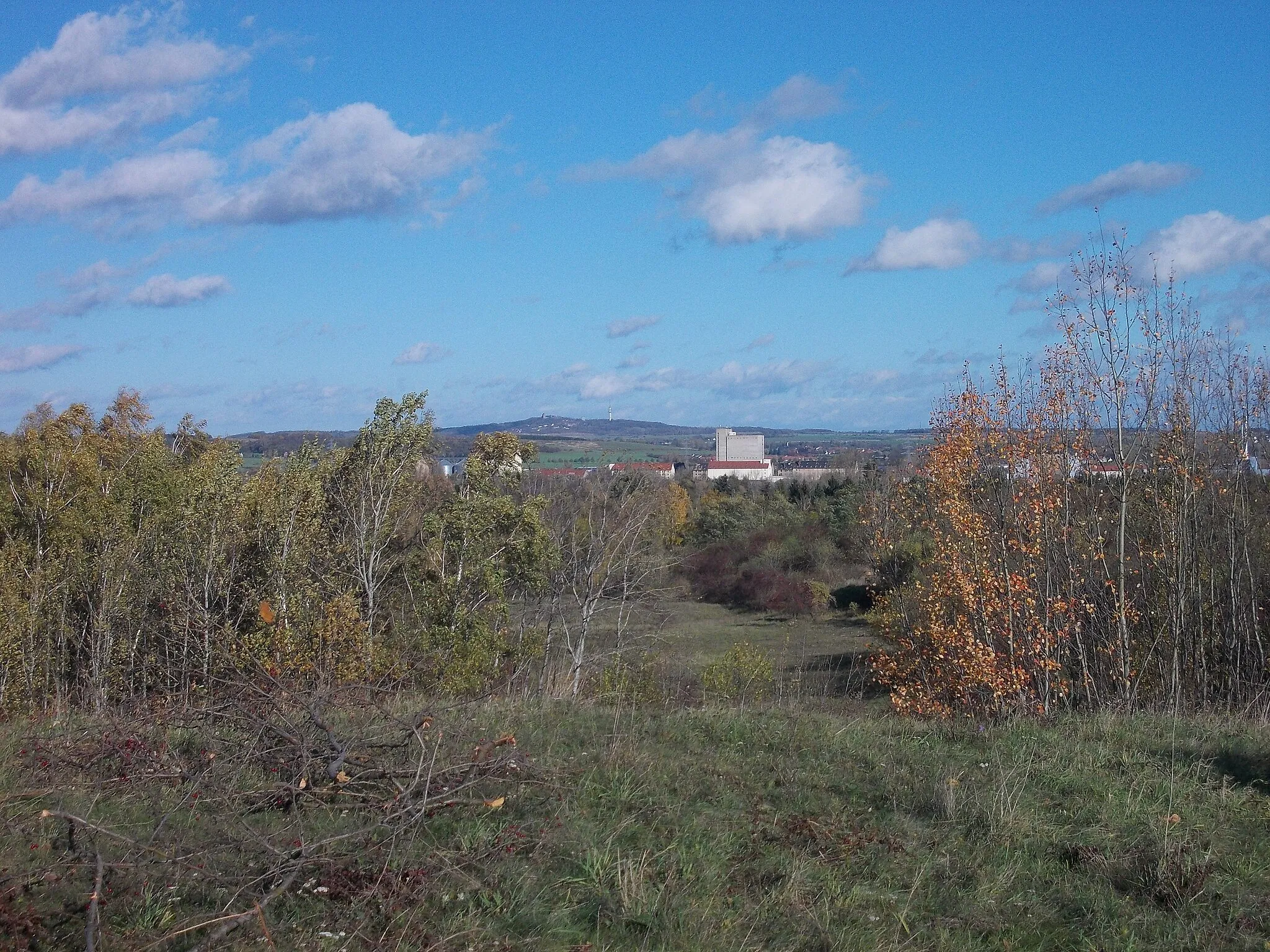 Photo showing: View from Brandberge hills in Halle/Saale (Saxony-Anhalt) with Petersberg hill in the background