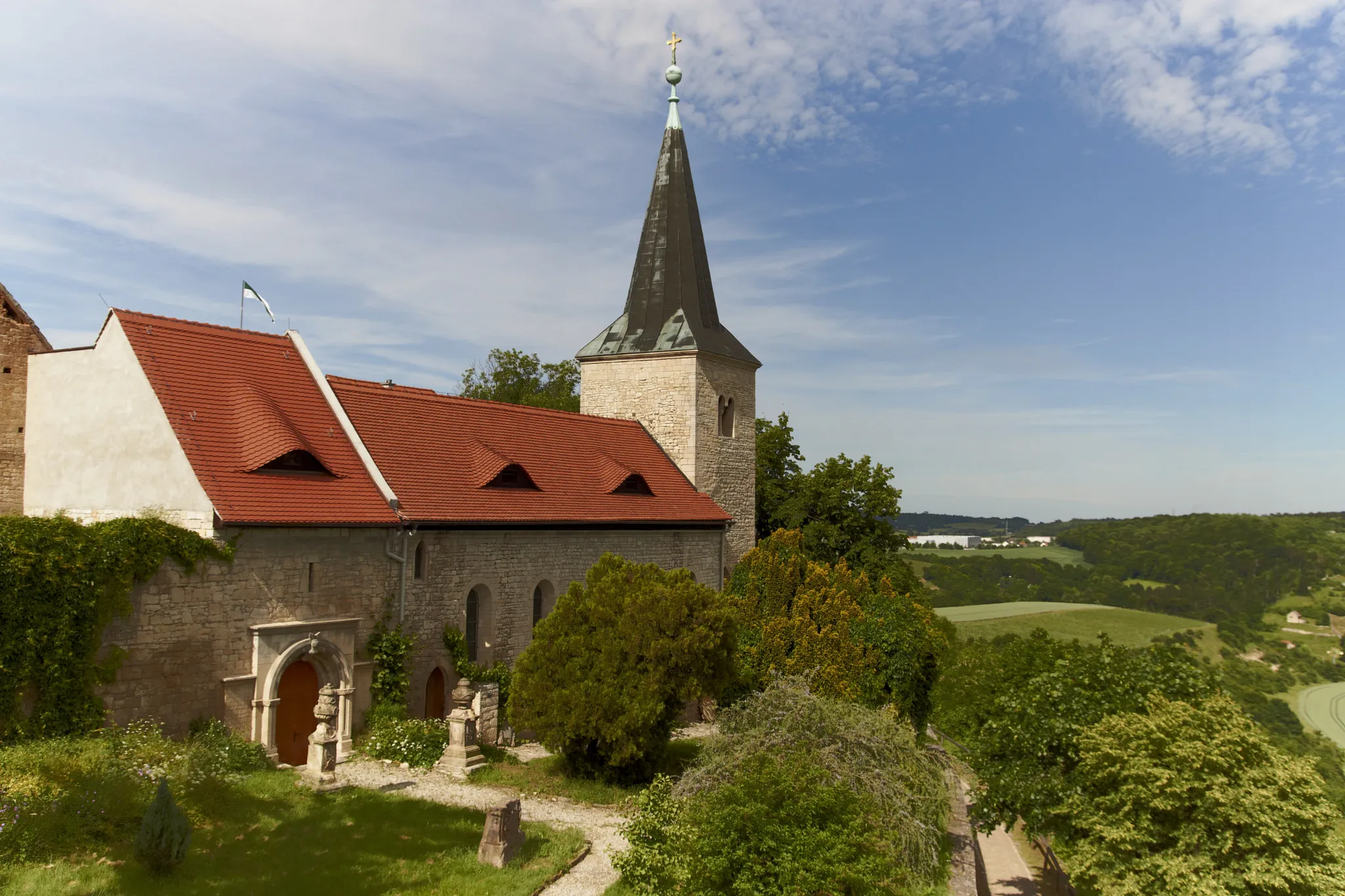 Photo showing: 500px provided description: old church [#river ,#cross ,#church ,#beautiful ,#view ,#history ,#green ,#sony ,#sunny ,#blue sky ,#nice ,#wonderful ,#gr?n ,#century ,#sch?n ,#sonyalpha ,#a77 ,#back in time ,#daytrip ,#Deutschland ,#Germany ,#Himmel ,#Kirche ,#Ausblick ,#Saale]