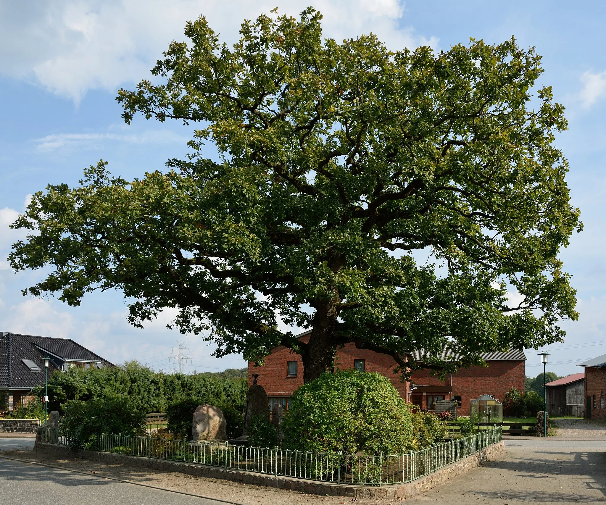 Photo showing: The oak tree at the memorial to the fallen of World Wars in Pöschendorf