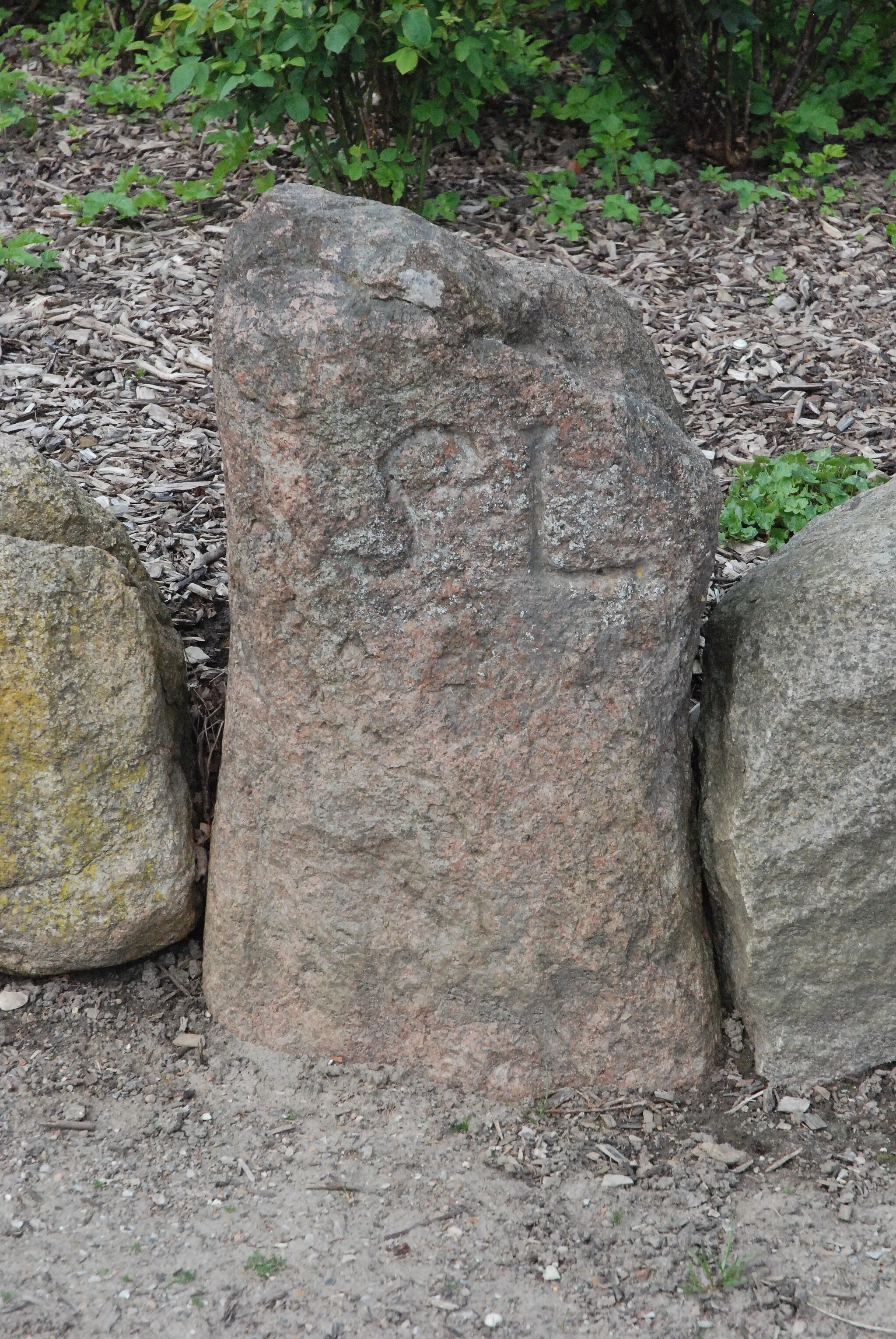 Photo showing: Historischer Grenzstein zwischen Gut Trenthorst und Wulmenau von 1750, in einem Beet in Grinau, nicht Originalstandorf