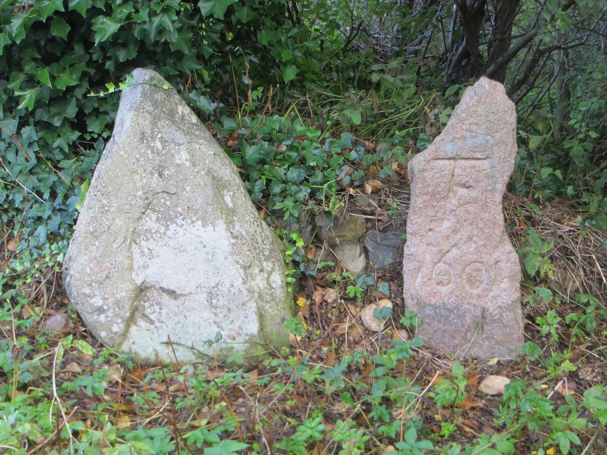 Photo showing: Sandemannsstein und Flensburger Grenzstein N33 beim Flurtstück Oggesmose, Bild 01