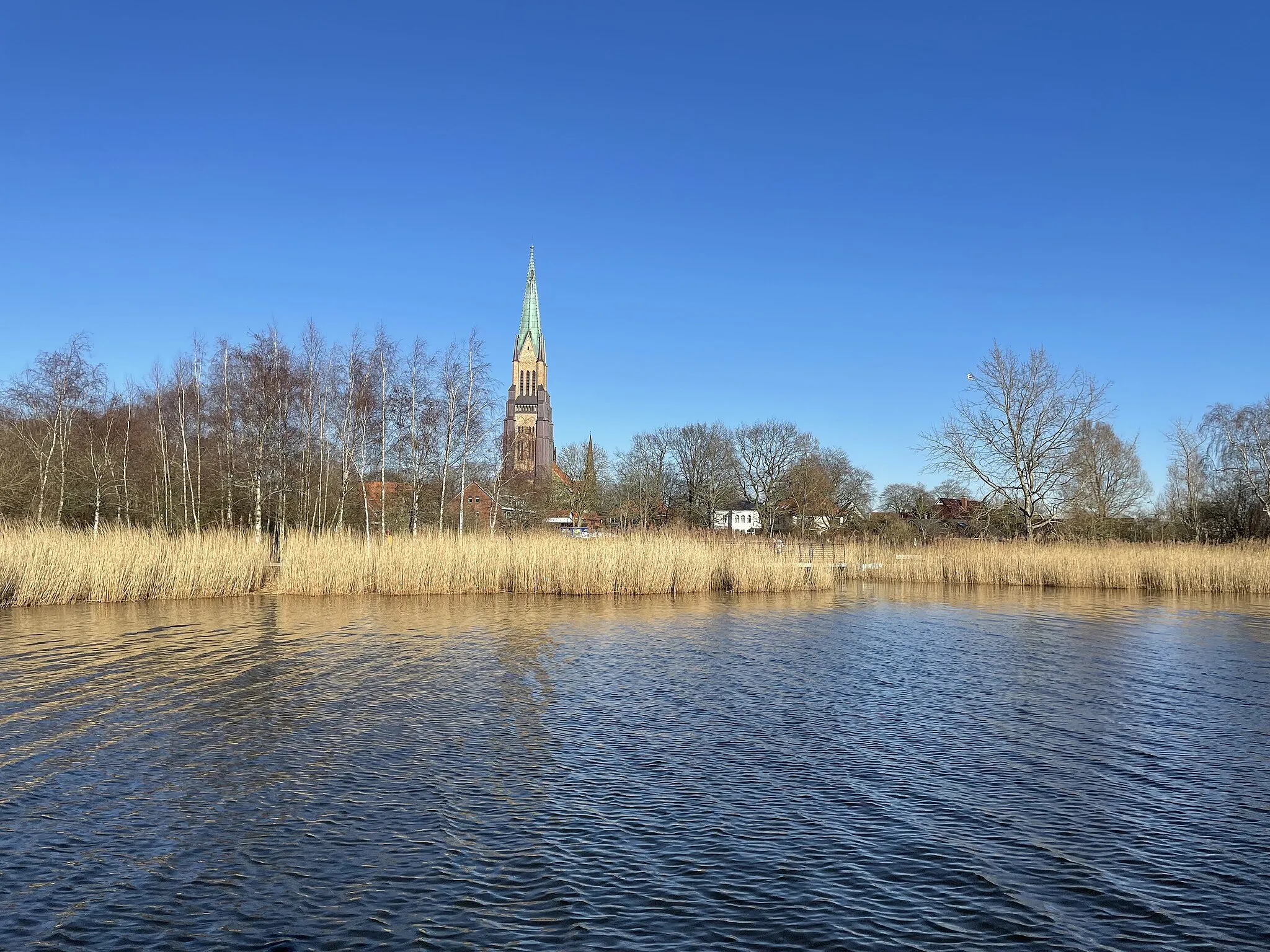 Photo showing: Blick von der Schlei auf den restaurierten Turm des Schleswiger Doms (2022)