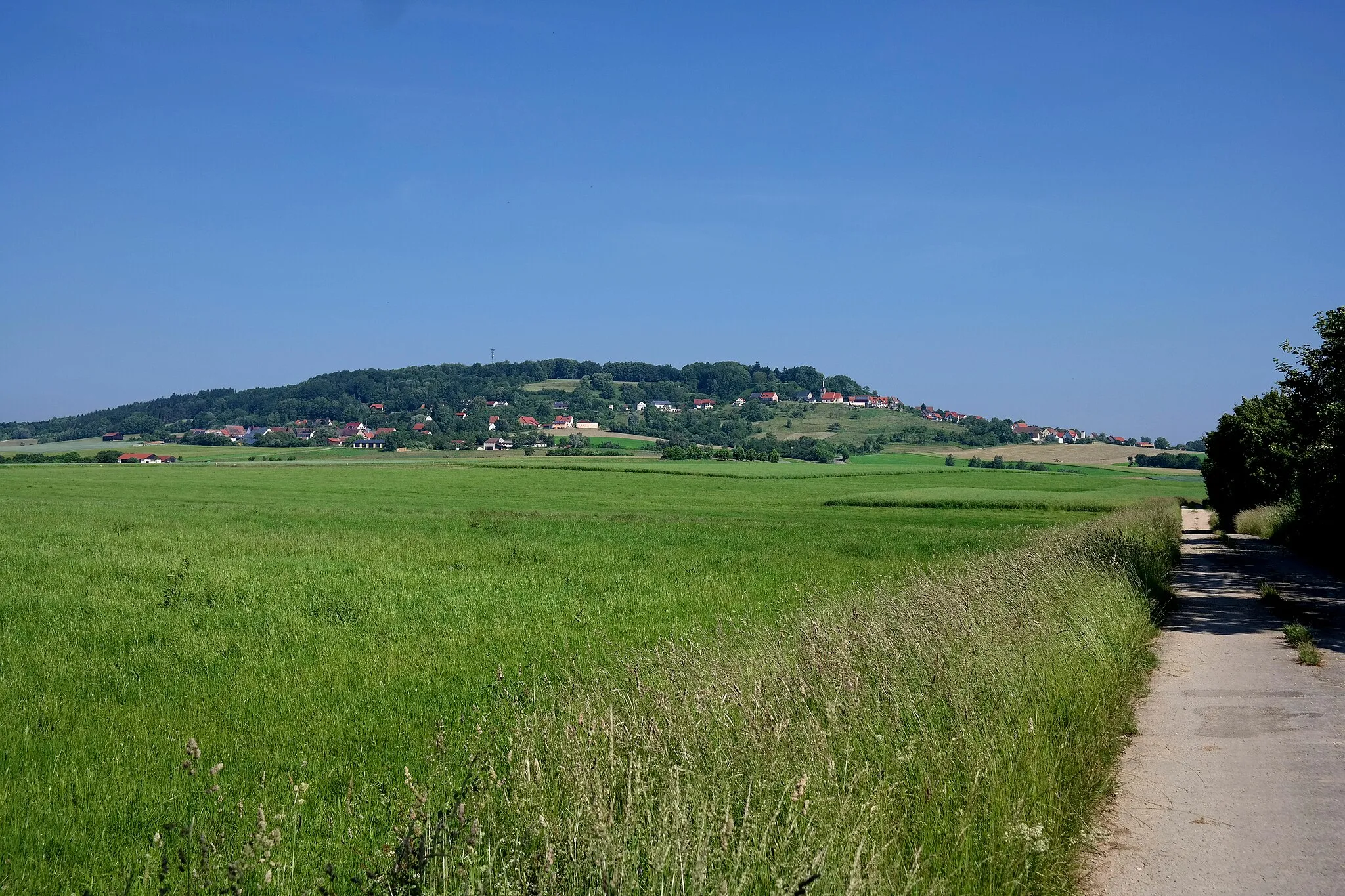 Photo showing: Blick vom Quellbereich des Weschelbachs, westlich von Laibstadt, nordnordwestwärts zum Schloßberg; links anhand Straßenbegrenzungspfosten zu erahnen die zum und durch das Dorf Schloßberg führende Kreisstraße RH 21