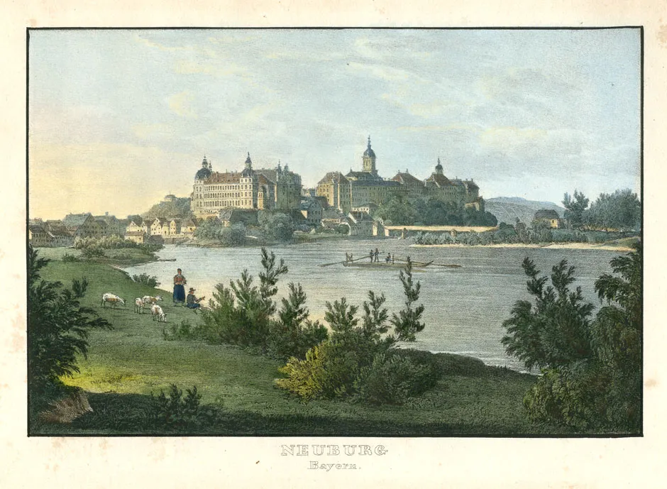 Photo showing: Neuburg an der Donau, Altkolorierte Kreidelithographie, um 1830-1850; Darstellung : 12,8 × 19,4 cm