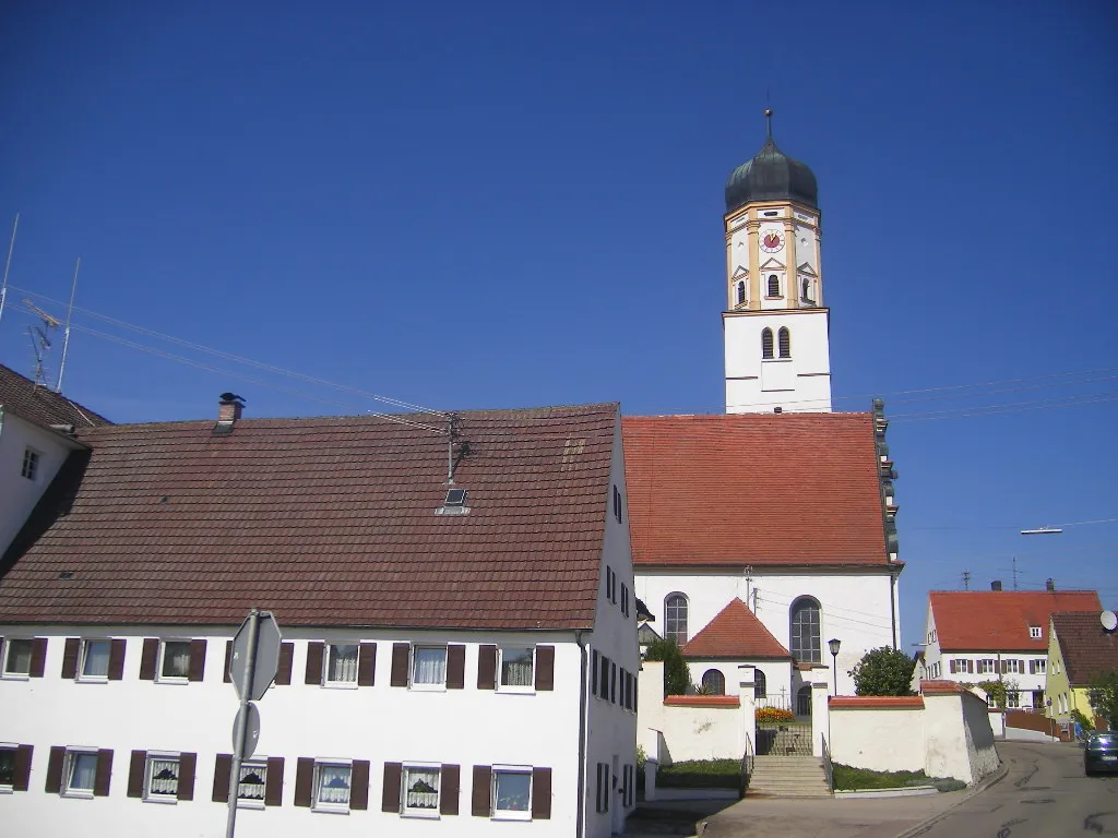 Photo showing: Steinheim (city of Dillingen an der Donau), mill an Parish Church of the Presentation.
