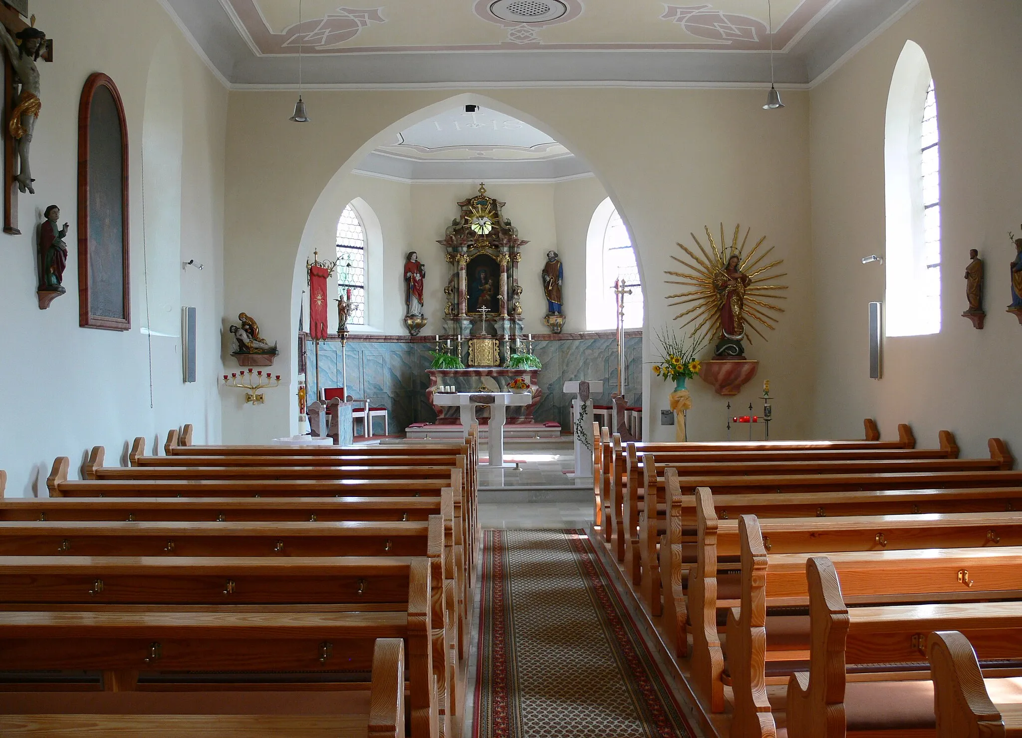 Photo showing: Katholische Pfarrkirche St. Stephanus, Ringgenweiler, Gemeinde Horgenzell, Landkreis Ravensburg
Blick zum Chor