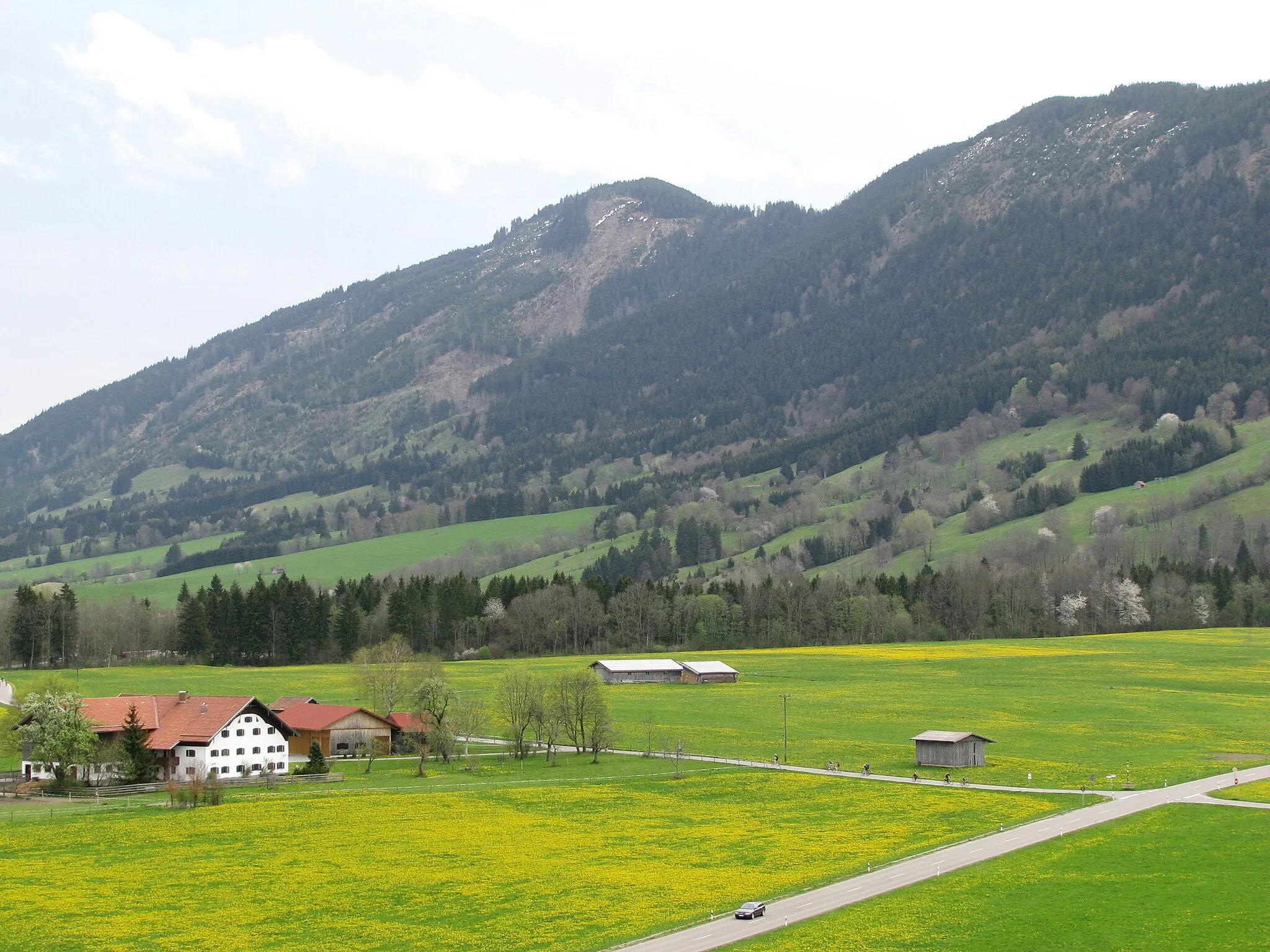 Photo showing: Der Ort Hafenfeld in der Gemeinde Halblech; im Hintergrund mitte der Wolfskopf (Ansicht von Westen).